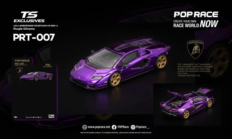  Mô hình xe Lamboghini Coutach LPI 800-4 purple chrome card tỉ lệ 1:64 Pop Race PRT007 