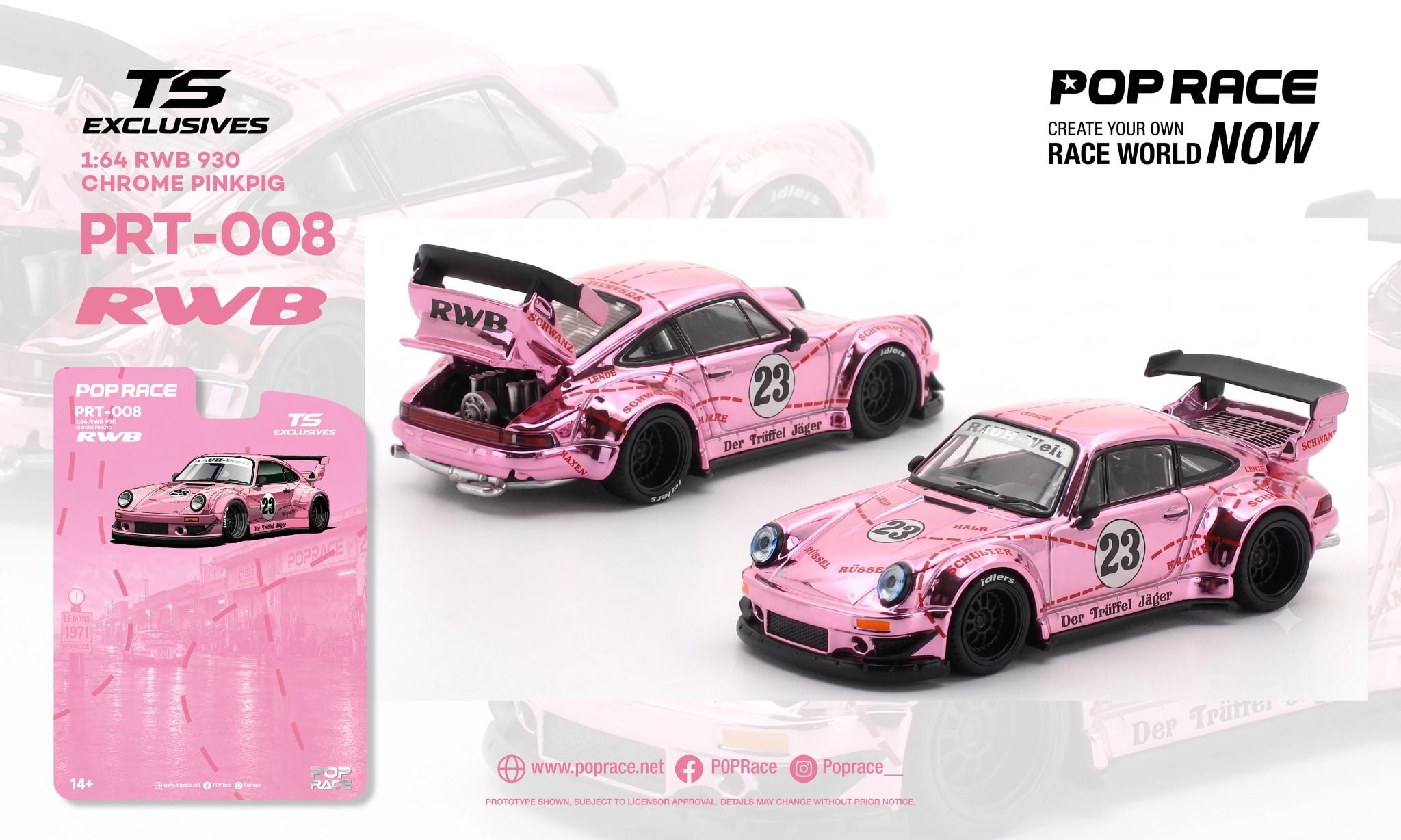  Mô hình xe Porsche RWB 930 Chrome Pink Pig tỉ lệ 1:64 Pop Race PRT008 
