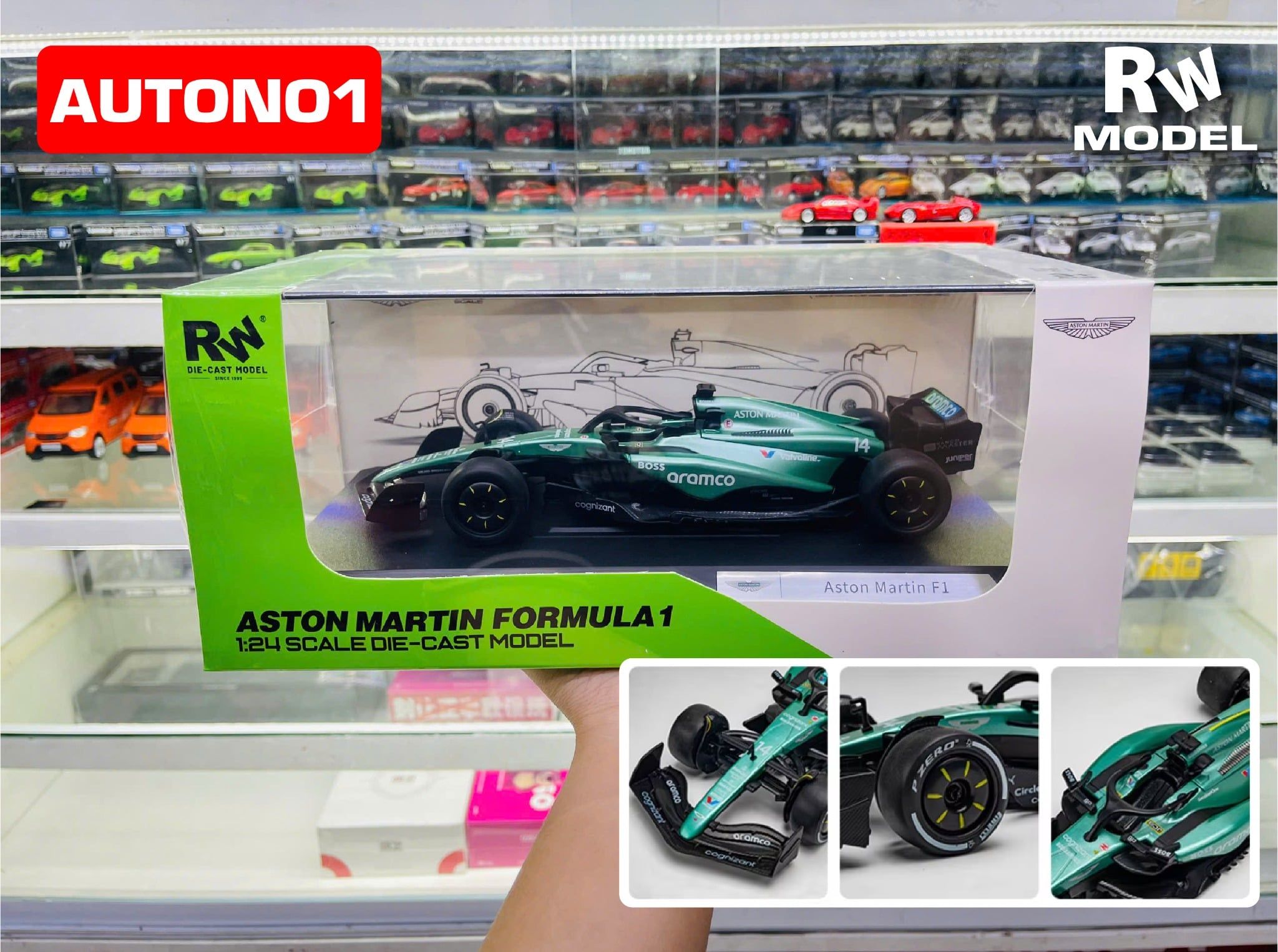  Mô hình xe F1 Formula Aston Martin #14 hộp mica tỉ lệ 1:24 RW model RW5124 