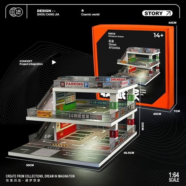  Hộp trưng bày mô phỏng JTimes Parking Garage Edition A 3 tầng có dốc kích thước 30.2x30.2x22.2 tỉ lệ 1:64 SHOU CANG JIA SCJ-73449A 