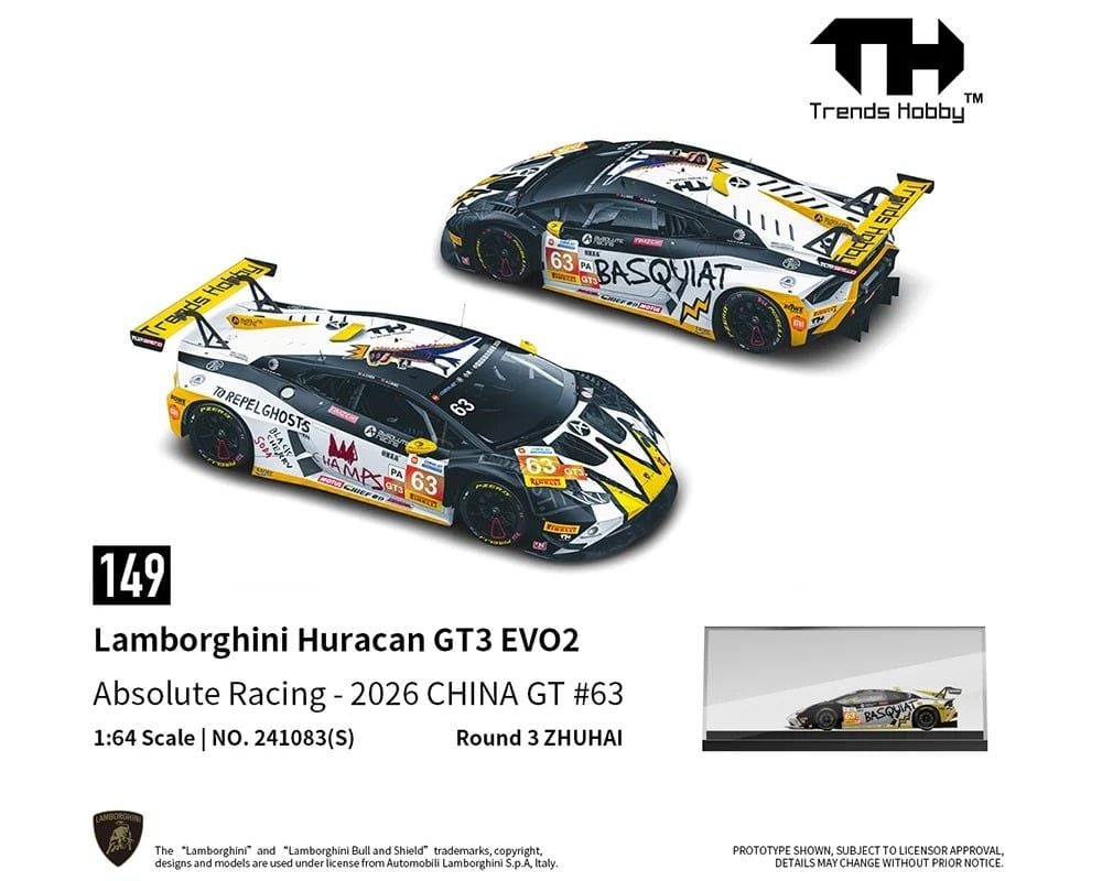  Mô hình xe Lamborghini Huracan GT3 EVO2 Absolute Racing - 2026 China GT #63 tỉ lệ 1:64 Trends Hobby 241083S 