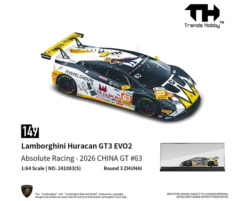  Mô hình xe Lamborghini Huracan GT3 EVO2 Absolute Racing - 2026 China GT #63 tỉ lệ 1:64 Trends Hobby 241083S 