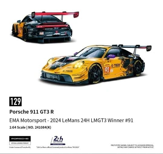  Mô hình xe Porsche 911 GT3 R - EMA Motorsport-2024 LeMans 24H LMGT3 Winner #91 tỉ lệ 1:64 Trends Hobby 241084K 