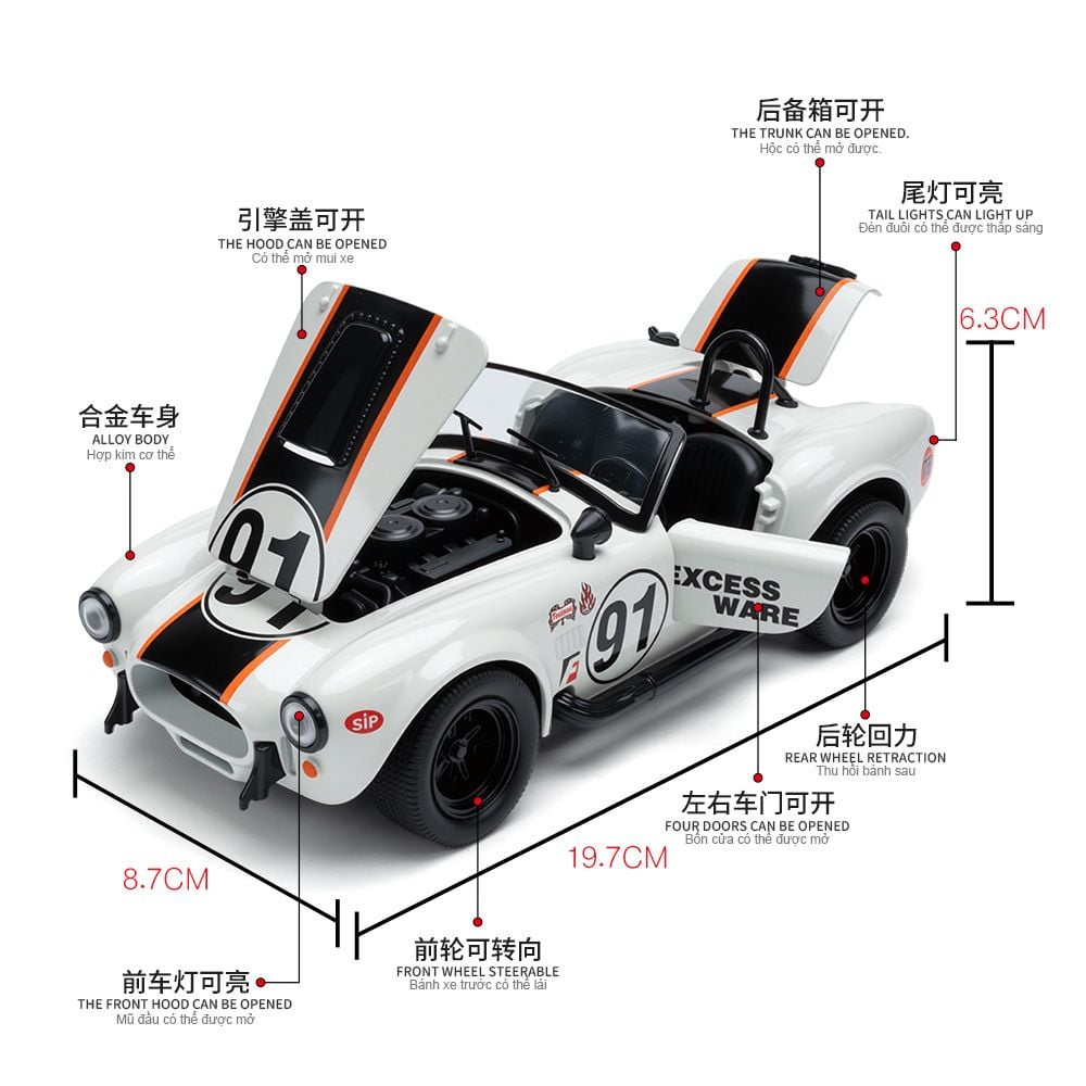  Mô hình xe Shelby Cobra racing full open tỉ lệ 1:24 Jiaye Model OT24109 
