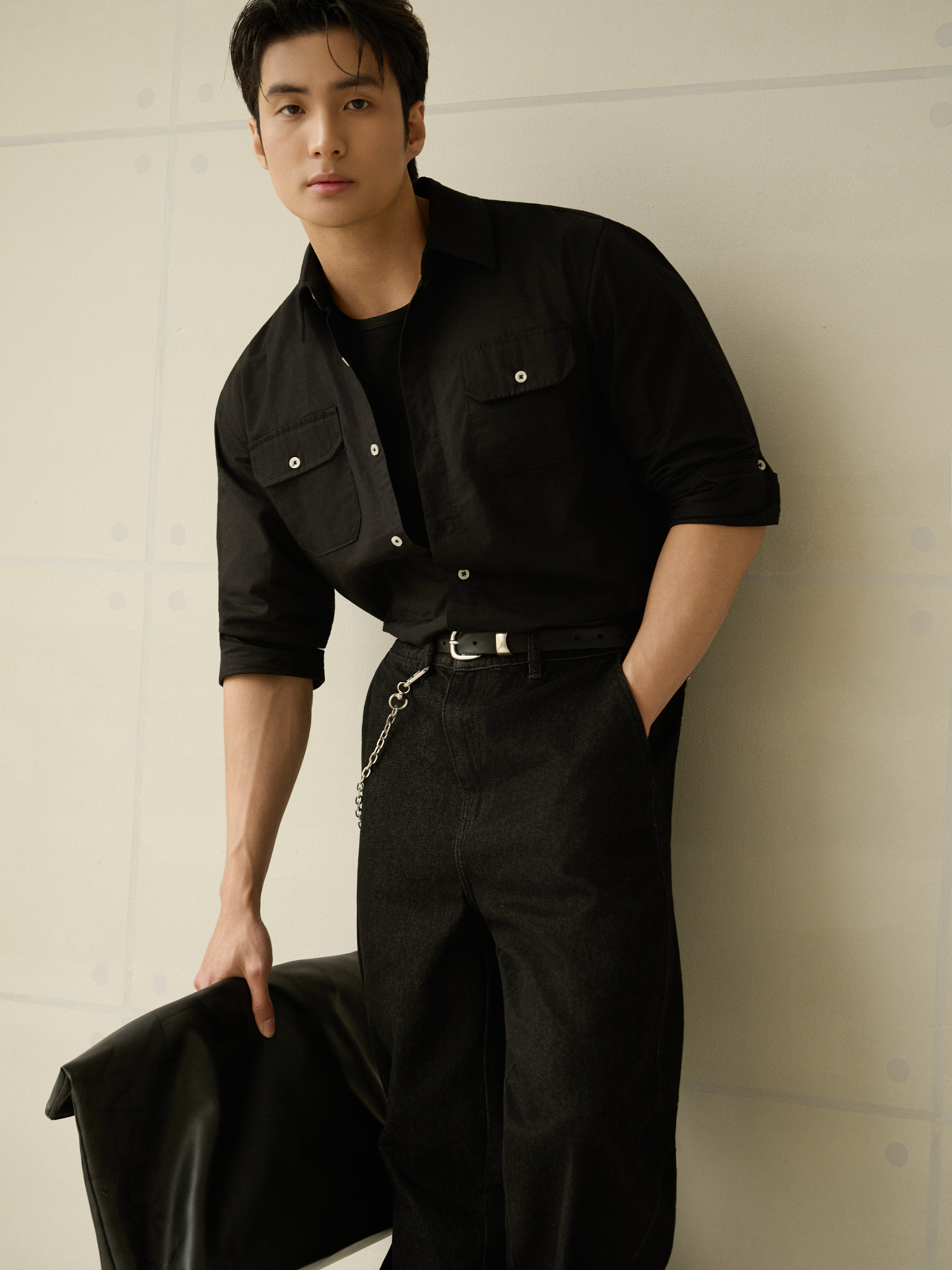 AG536 PREMIUM REGULAR FIT LINEN POCKET SHIRT - BLACK