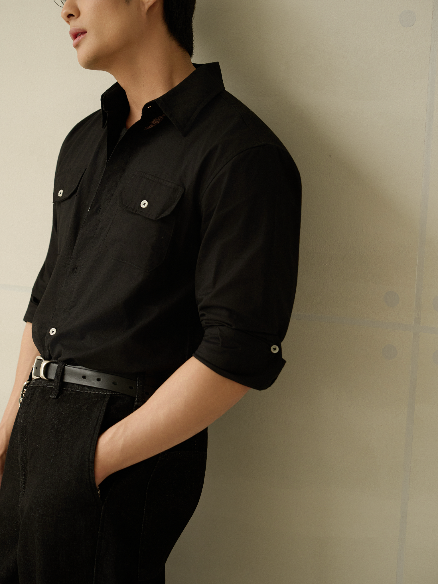 AG536 PREMIUM REGULAR FIT LINEN POCKET SHIRT - BLACK