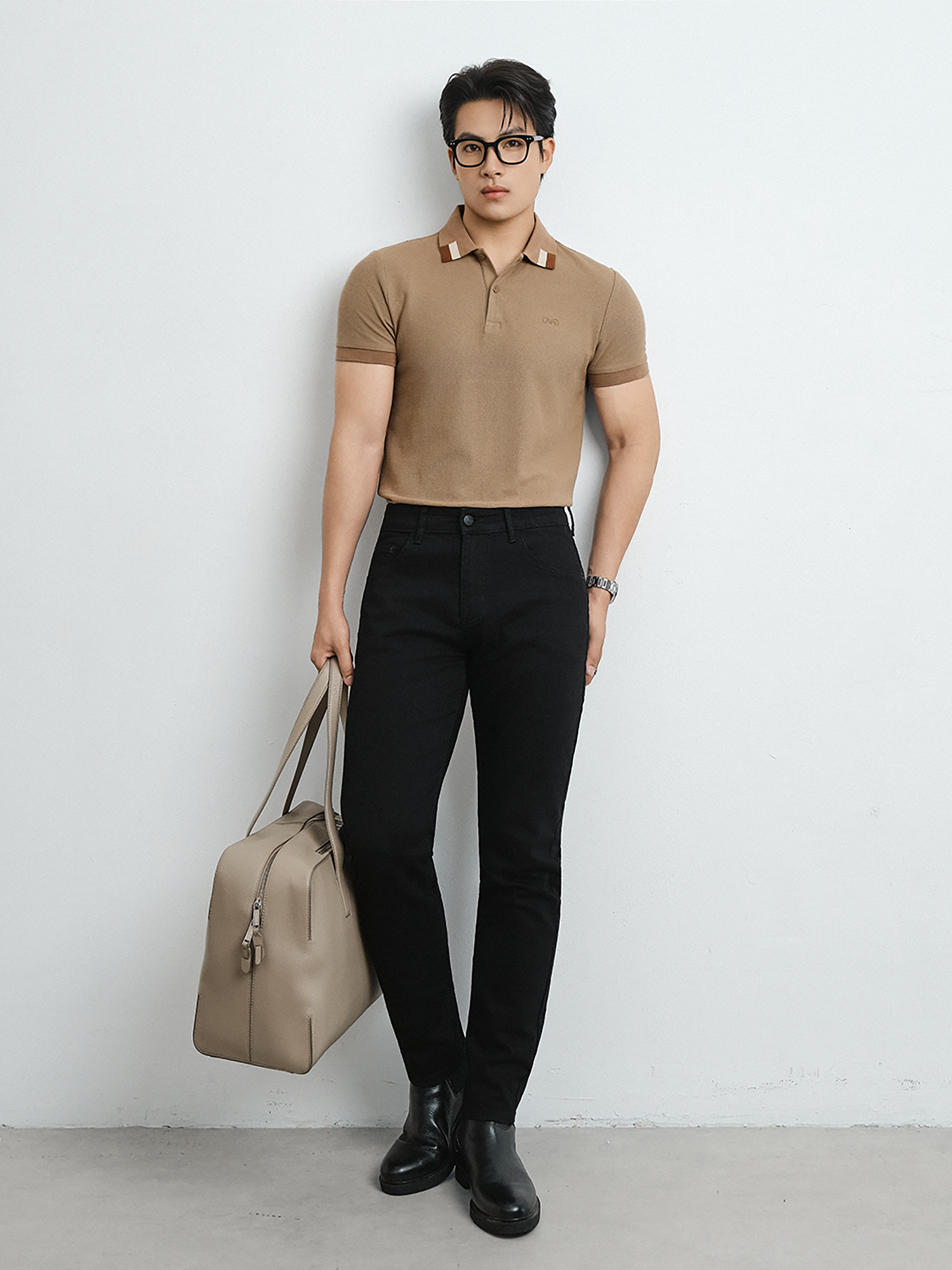  AG65 PREMIUM SLIM FIT POLO WITH CONTRAST COLLAR DETAIL - BROWN 