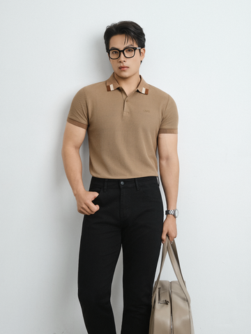 AG65 PREMIUM SLIM FIT POLO WITH CONTRAST COLLAR DETAIL - BROWN
