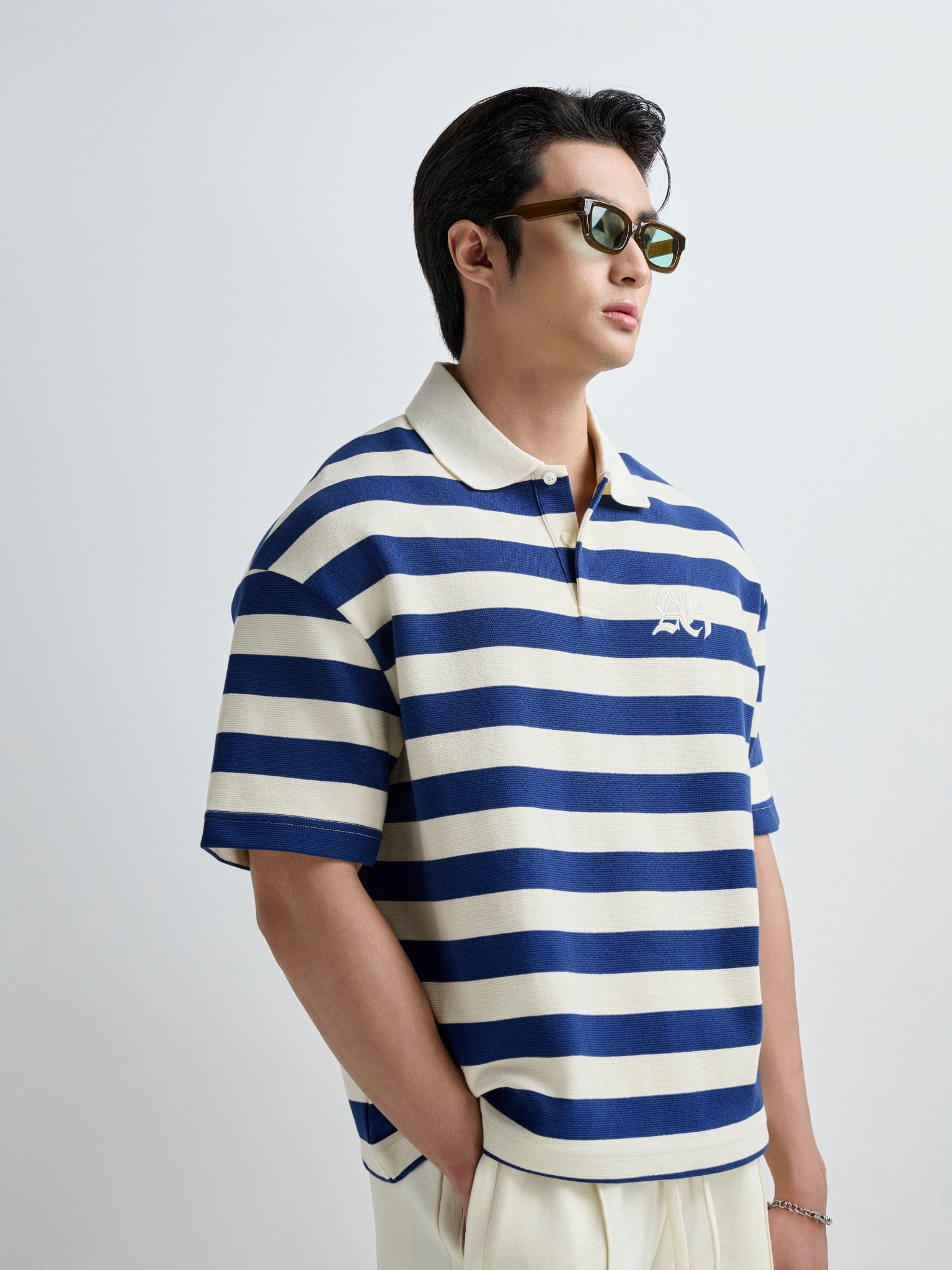 S3 STUDIO LOOSE FIT STRIPE CLASSIC POLO  - OFF WHITE