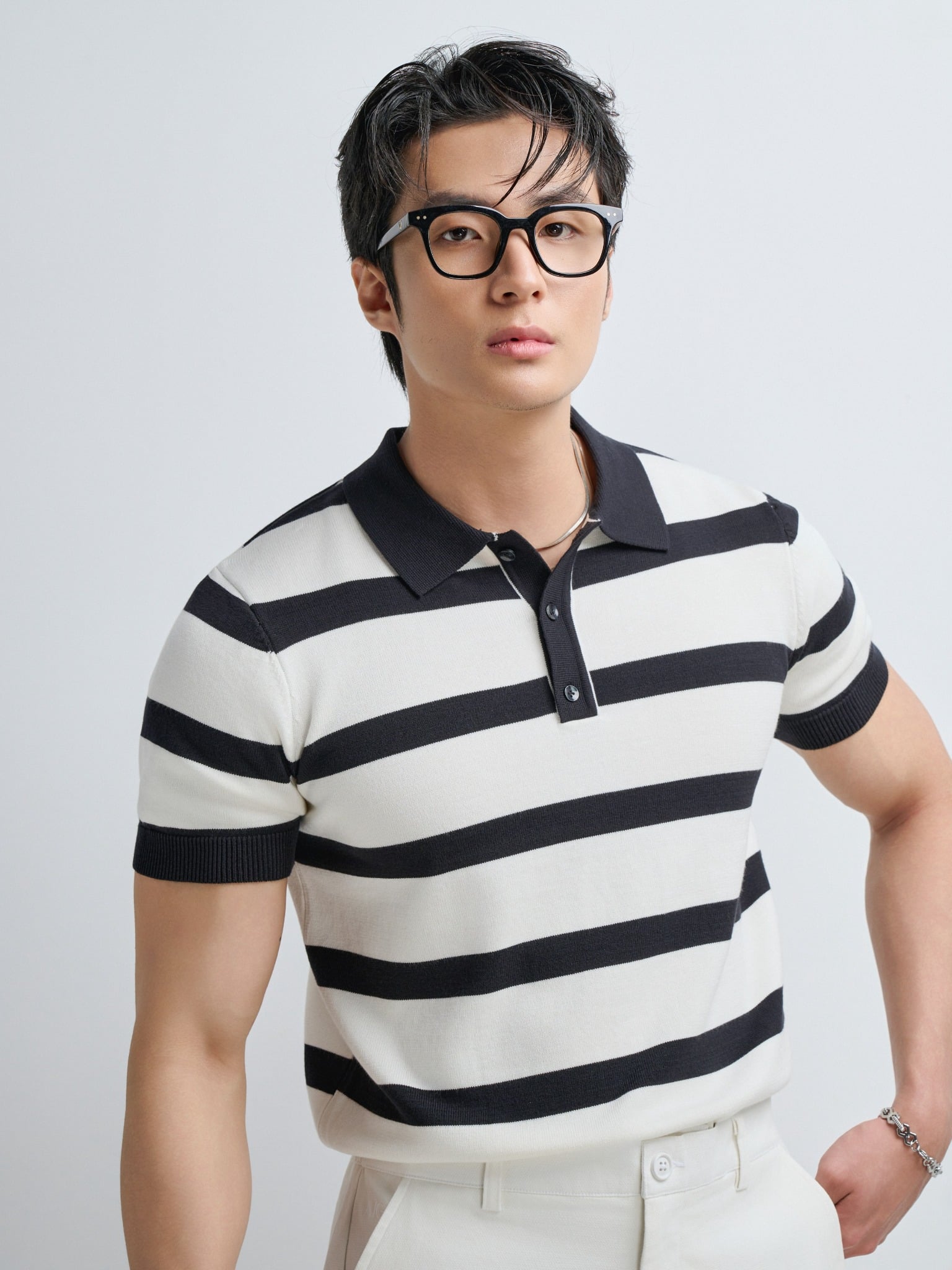 AG769 PREMIUM STRIPED KNIT POLO SHIRT - BLACK
