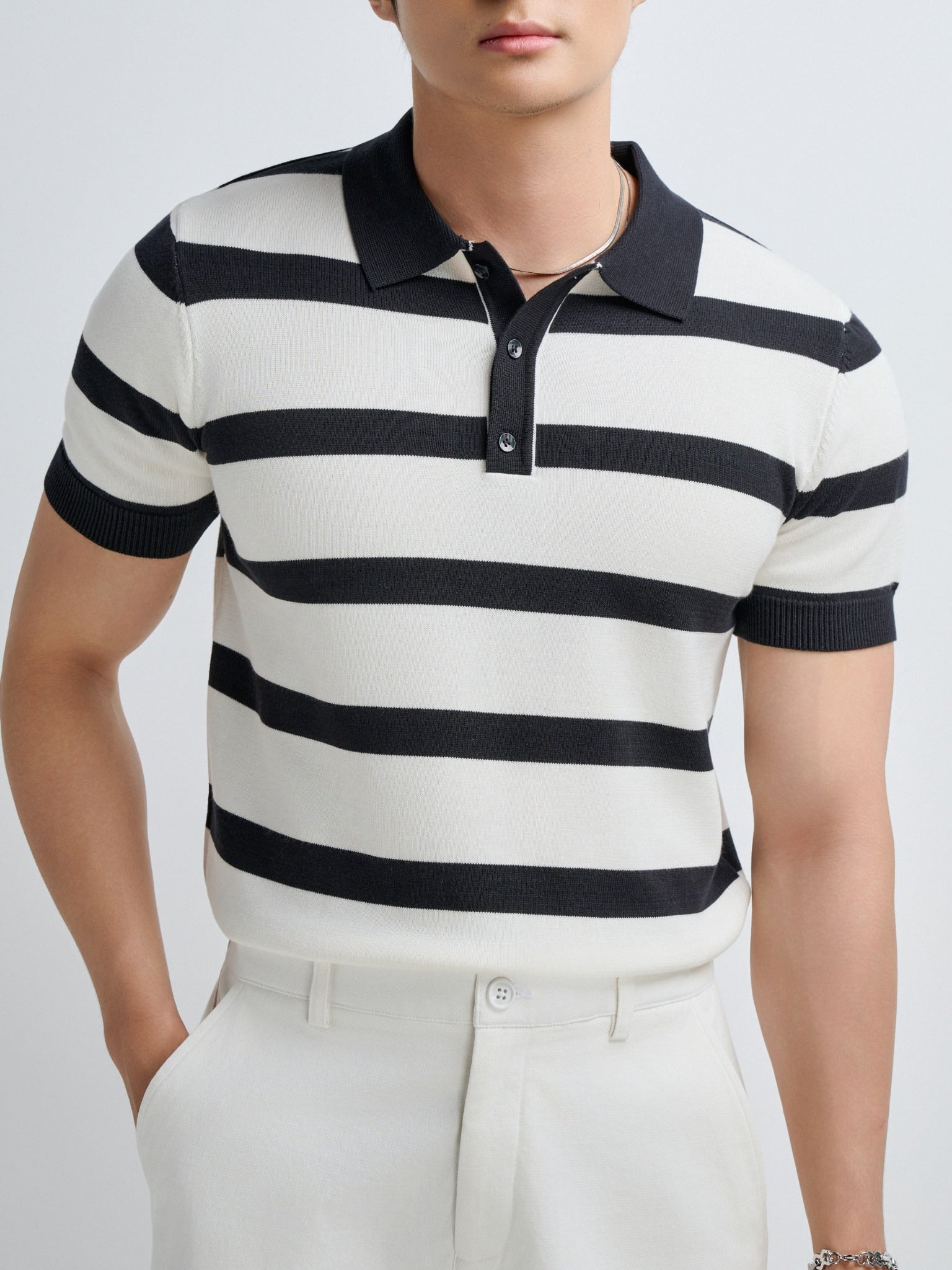 AG769 PREMIUM STRIPED KNIT POLO SHIRT - BLACK