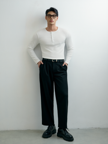 AGQ04 PREMIUM SLIM FIT LONG-SLEEVED HENLEY T-SHIRT - WHITE