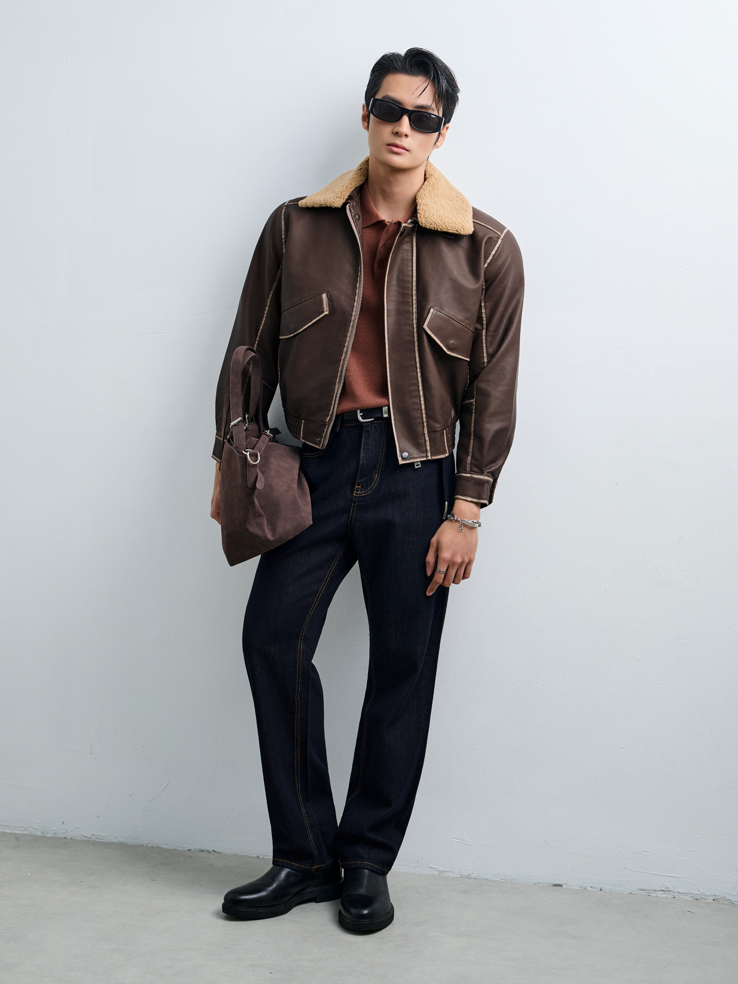 AG265 FAUX SUEDE LEATHER JACKET - BROWN