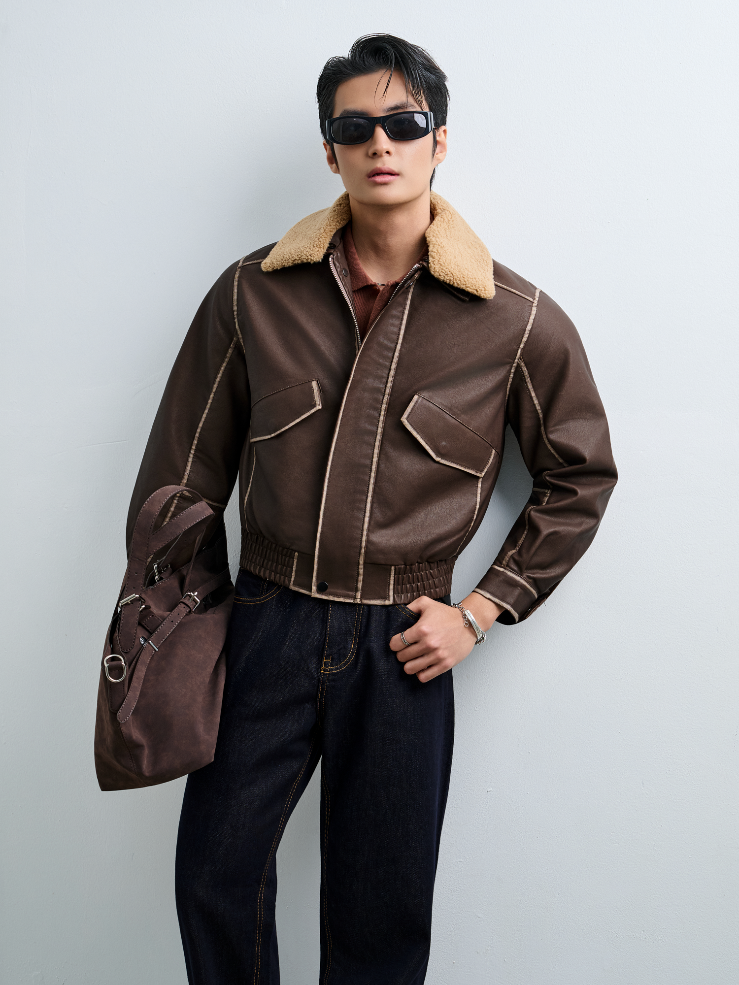 AG265 FAUX SUEDE LEATHER JACKET - BROWN
