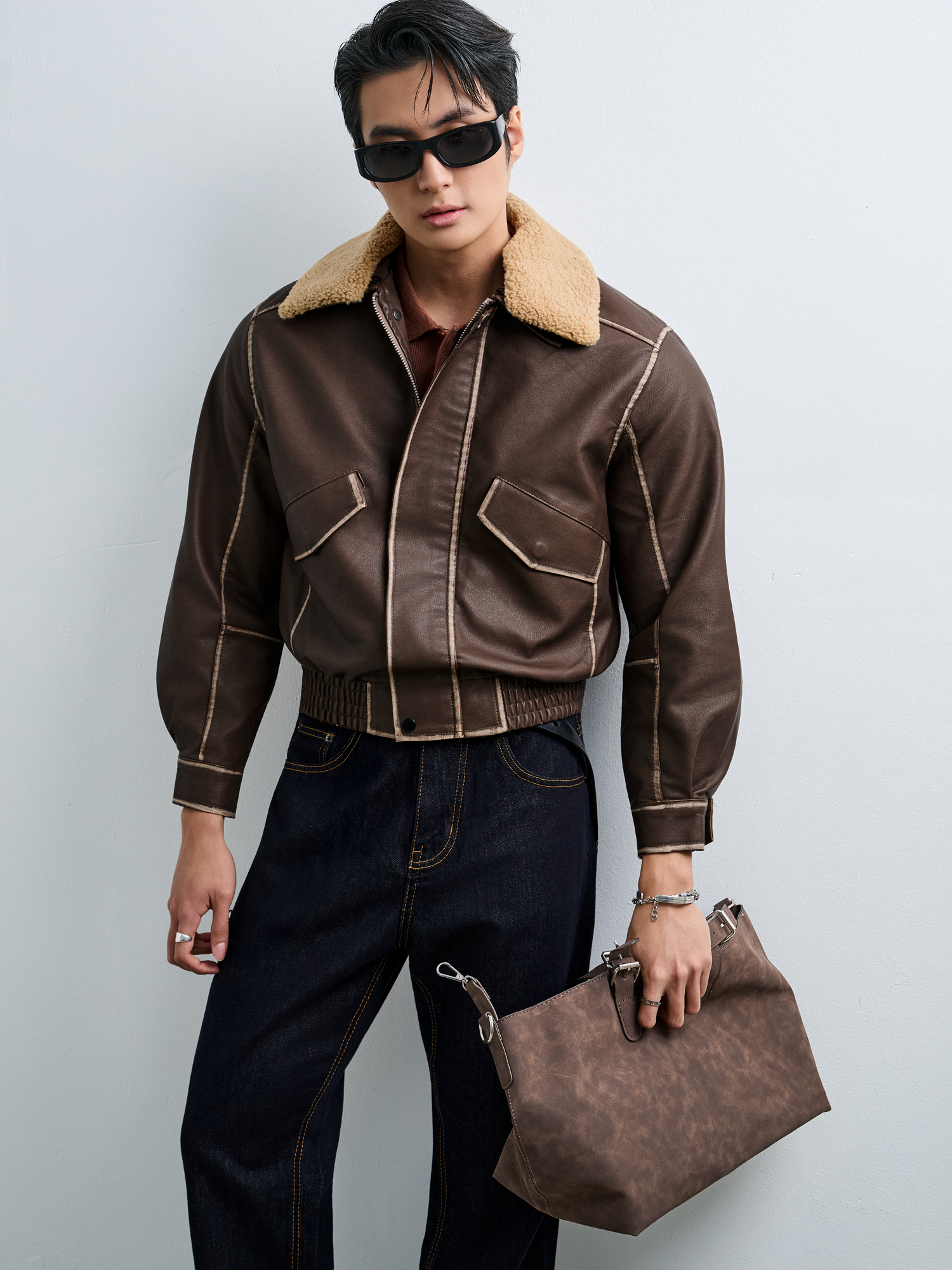 AG265 FAUX SUEDE LEATHER JACKET - BROWN