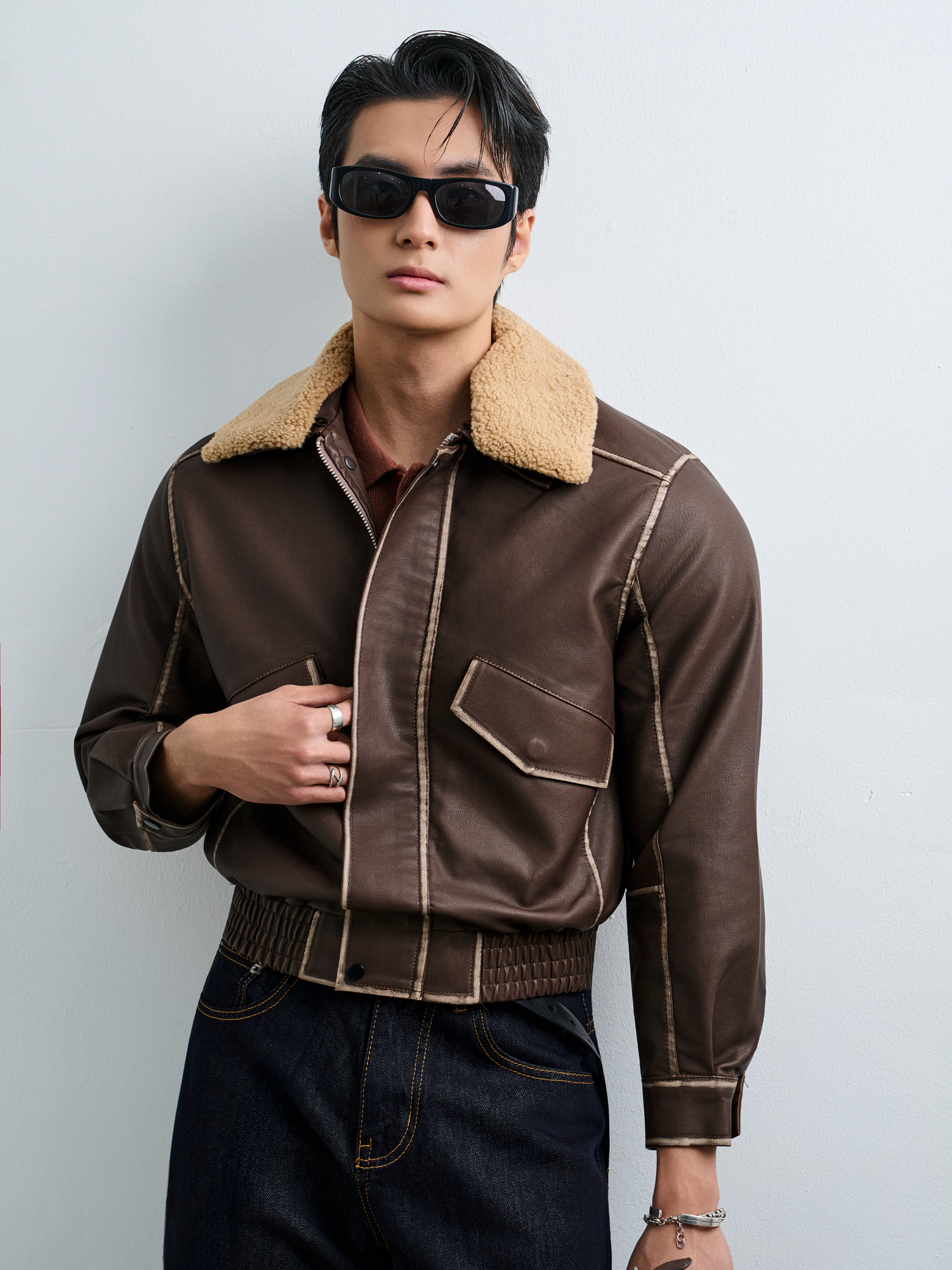 AG265 FAUX SUEDE LEATHER JACKET - BROWN