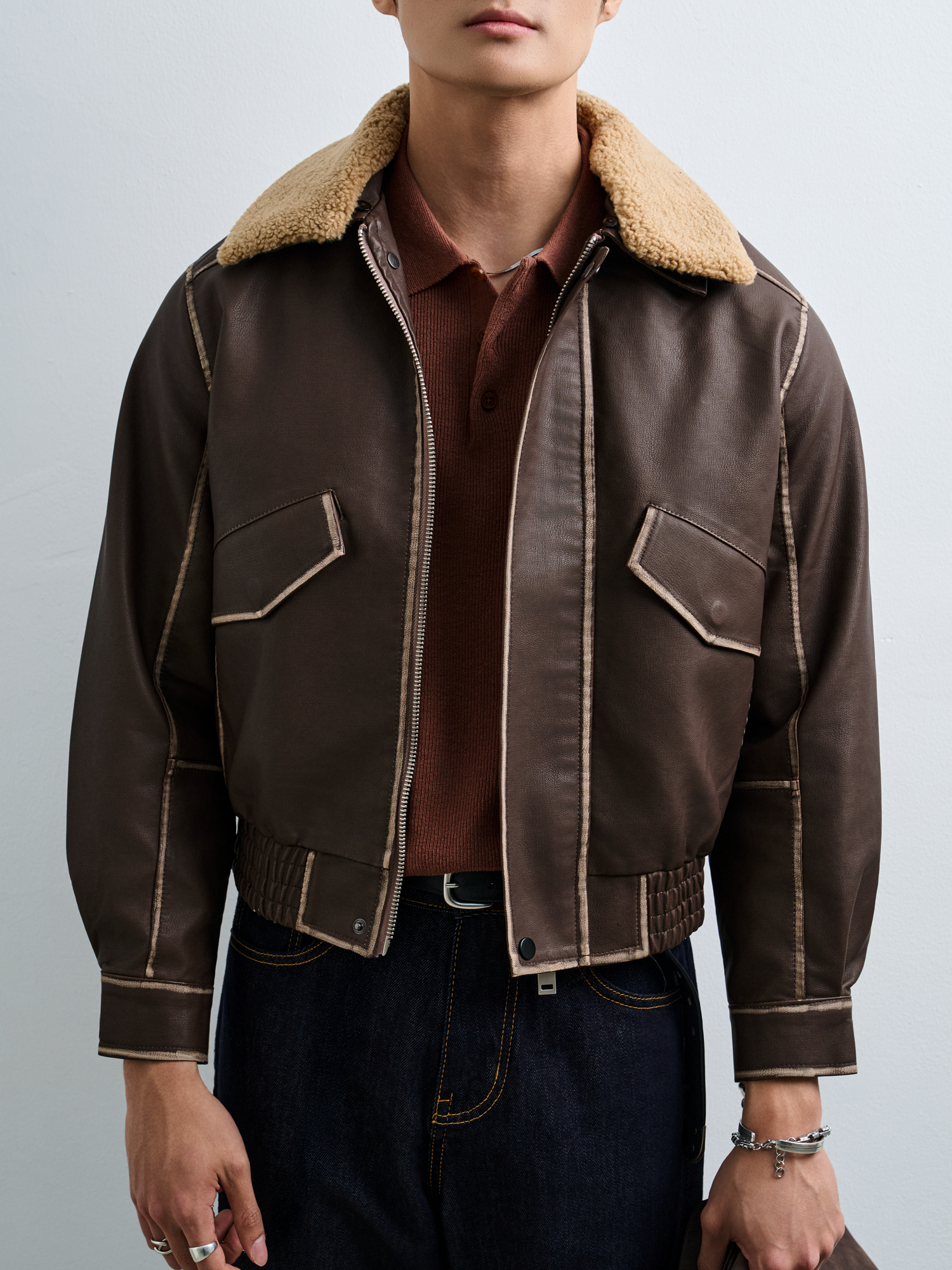 AG265 FAUX SUEDE LEATHER JACKET - BROWN