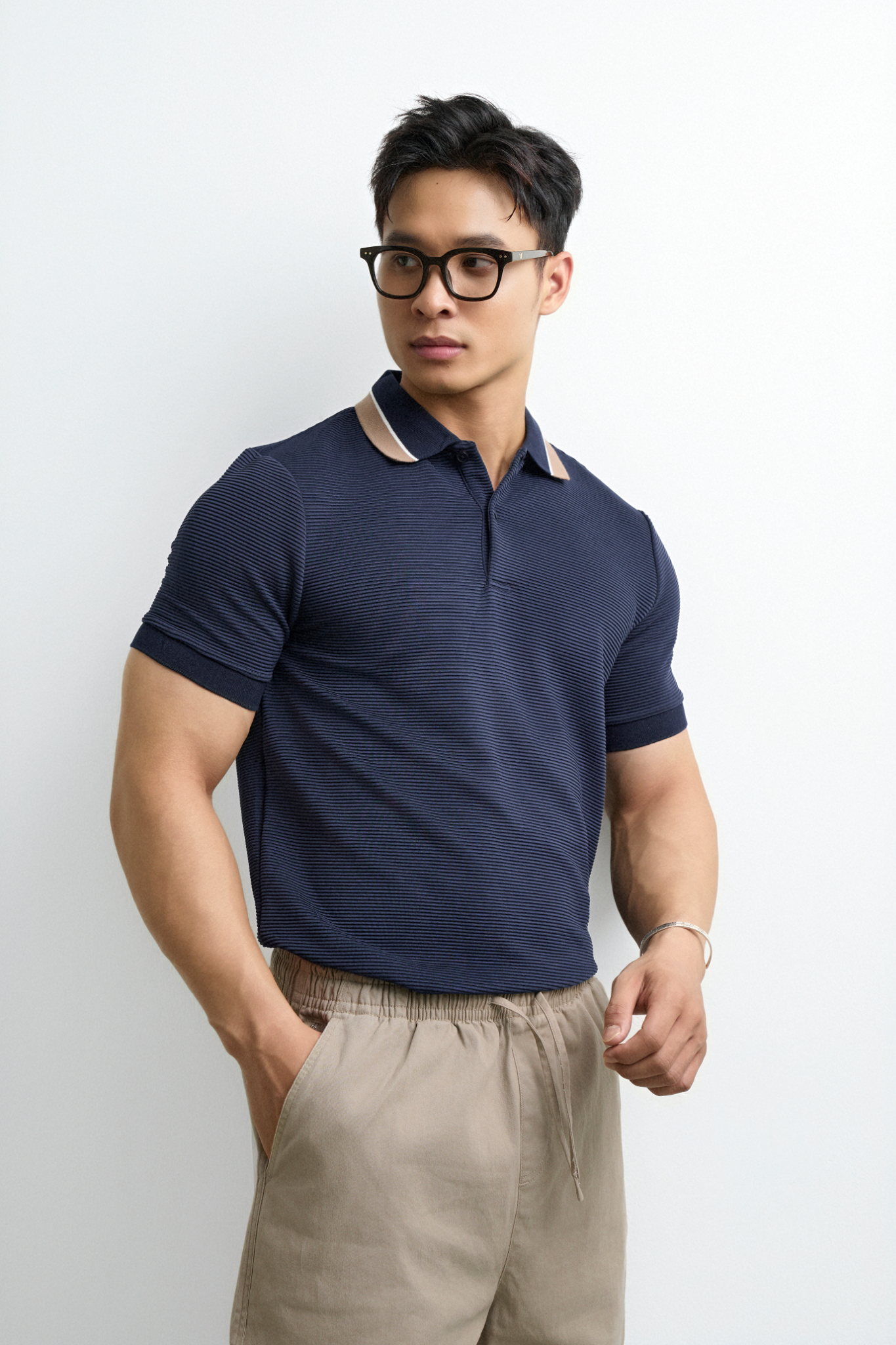 AG9001 FACTORY SLIMFIT POLO MIX NECK DETAIL - DARK BLUE