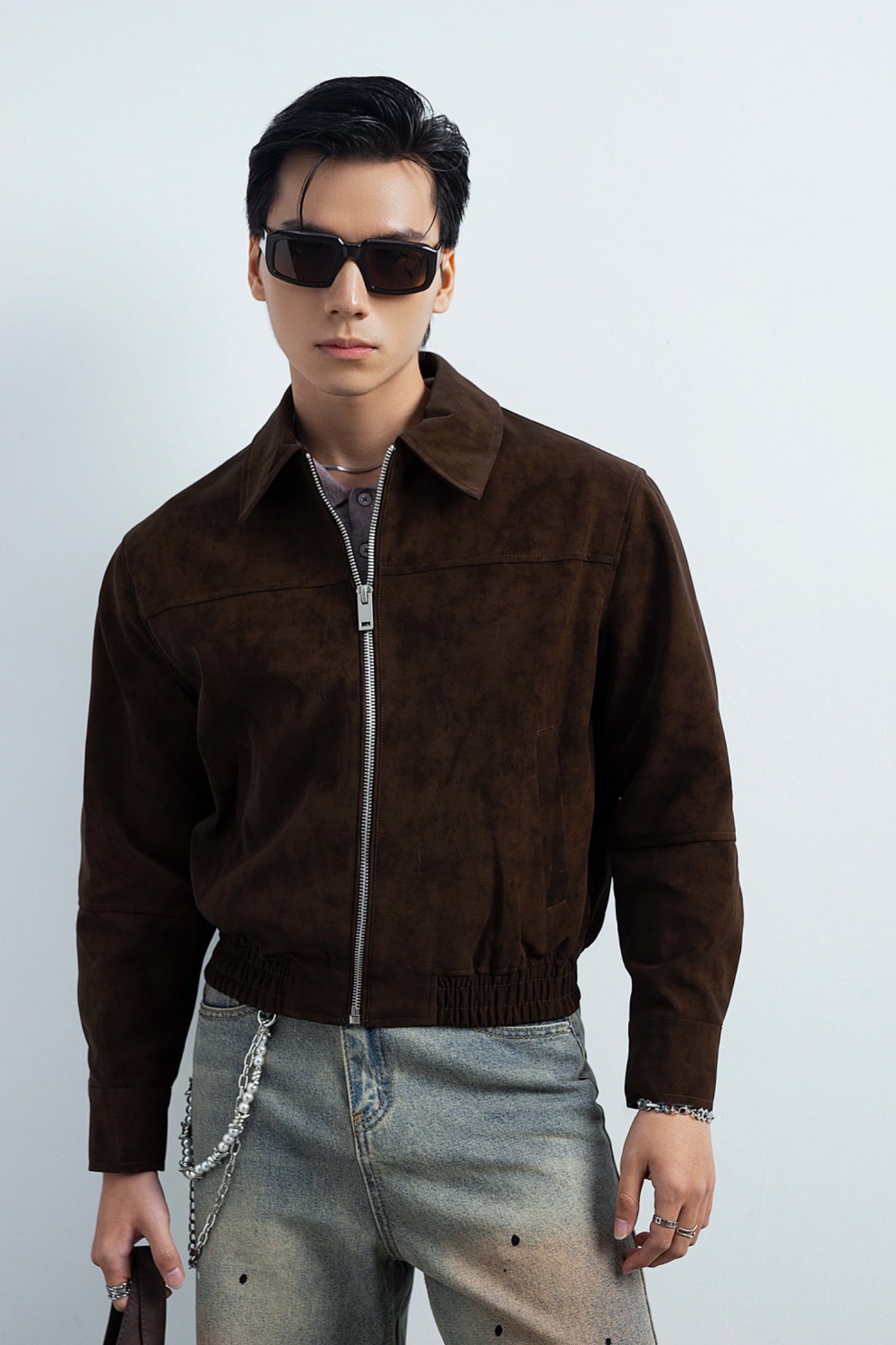 AG261 FAUX SUEDE LEATHER JACKET - DARK BROWN