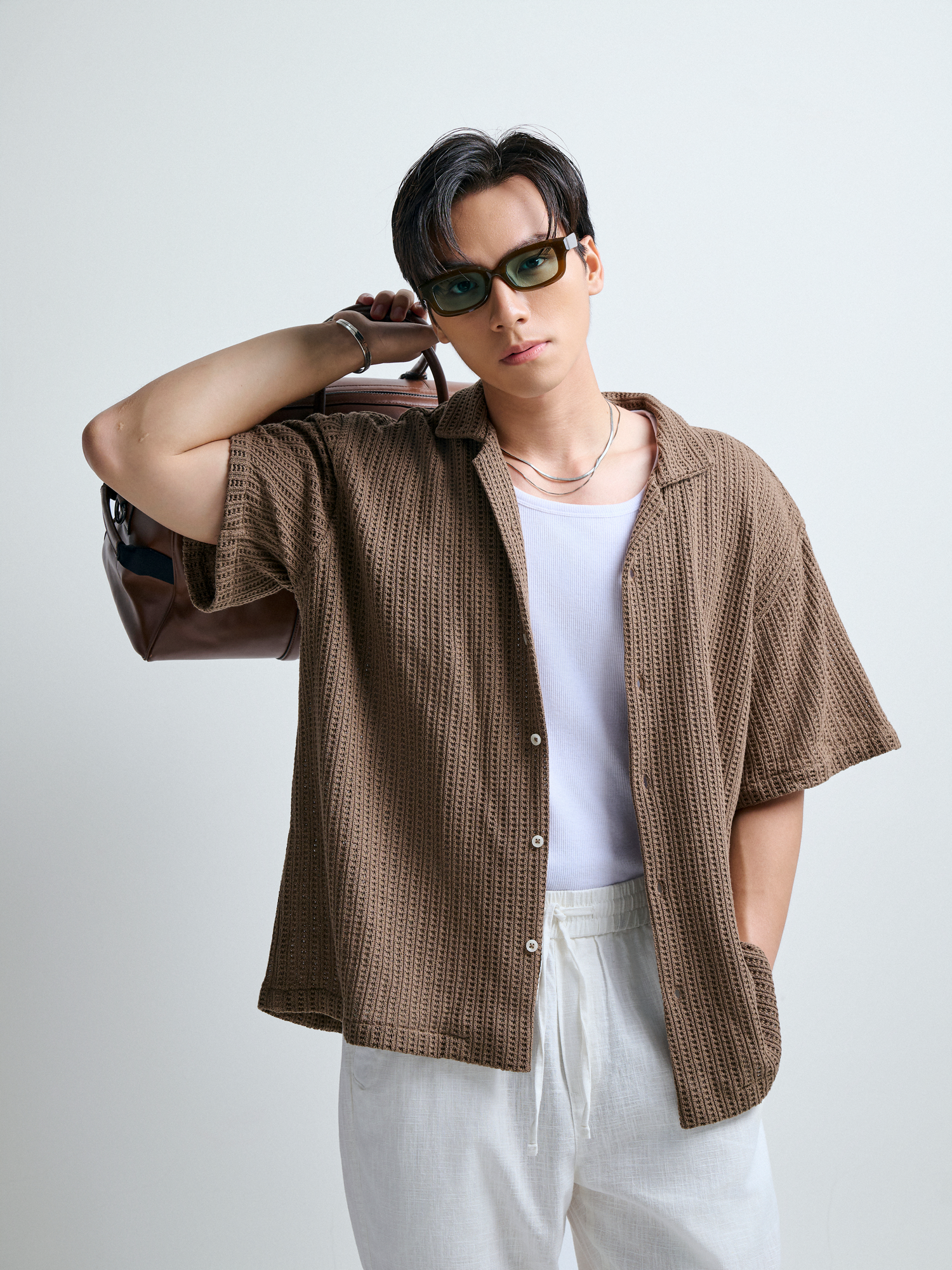 AG543 STUDIO LOOSE FIT CUBAN SHIRT - BROWN