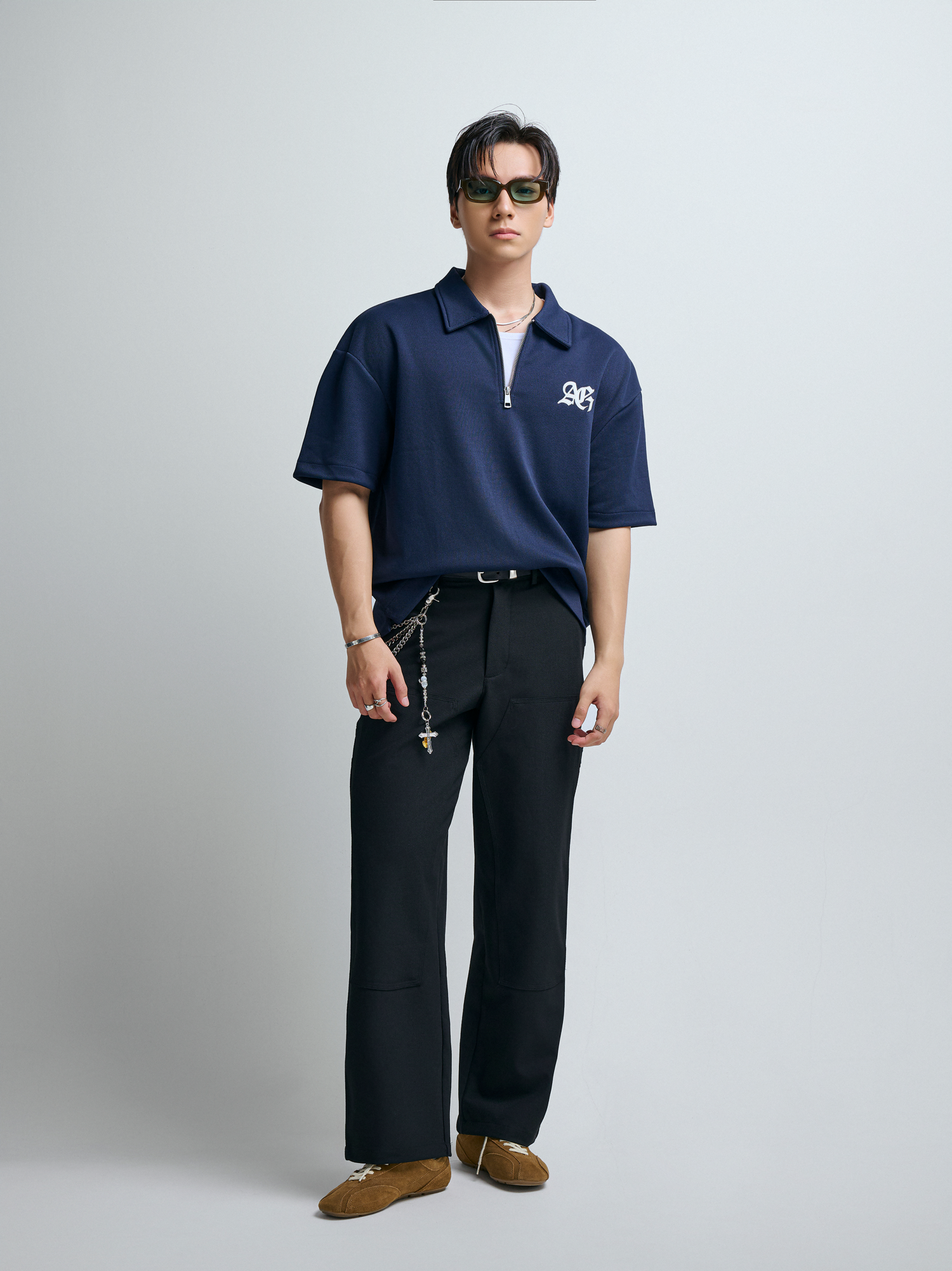 R2 STUDIO LOOSE FIT POLO ZIP A/G LOGO - DARK BLUE