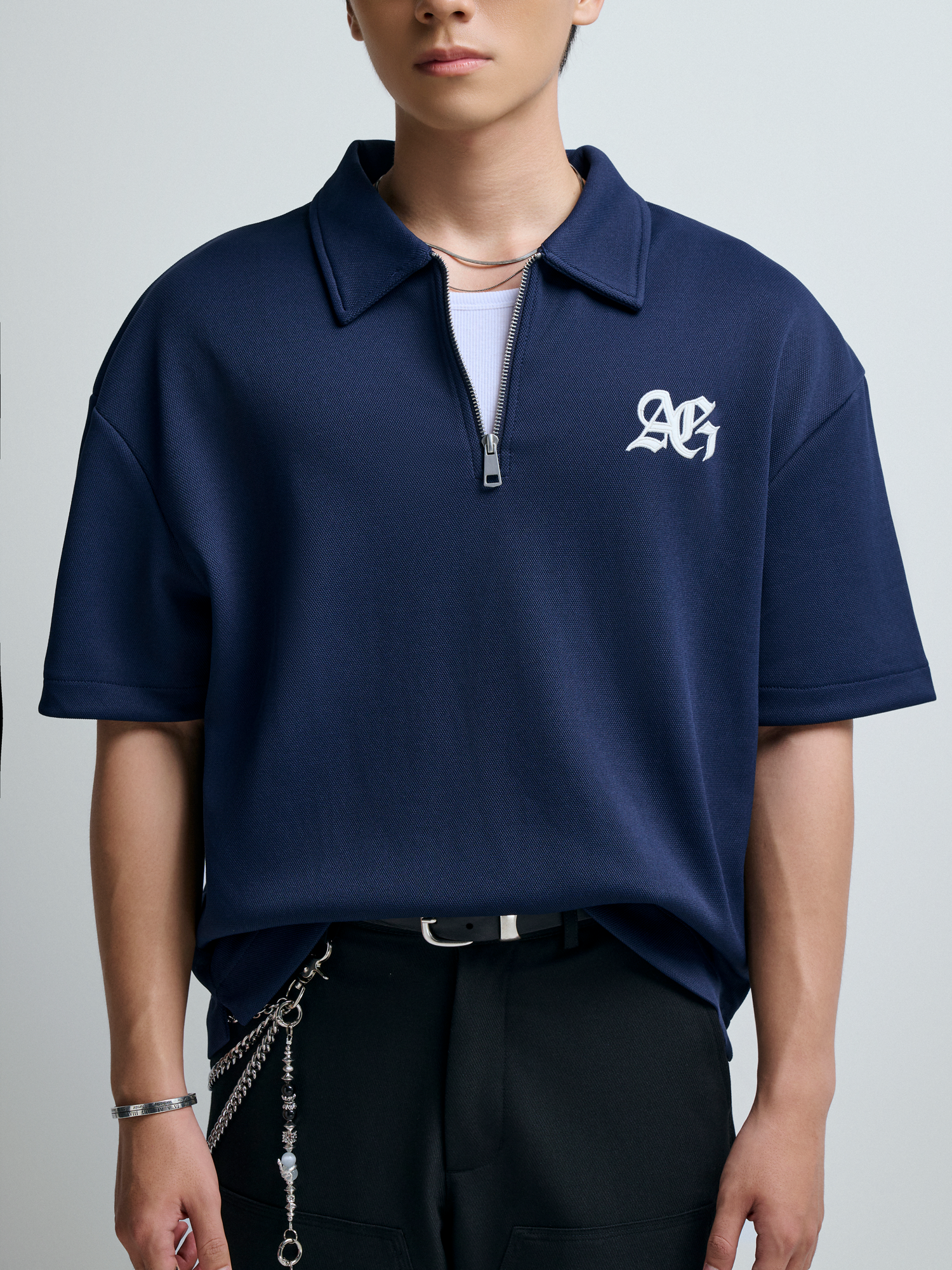 R2 STUDIO LOOSE FIT POLO ZIP A/G LOGO - DARK BLUE