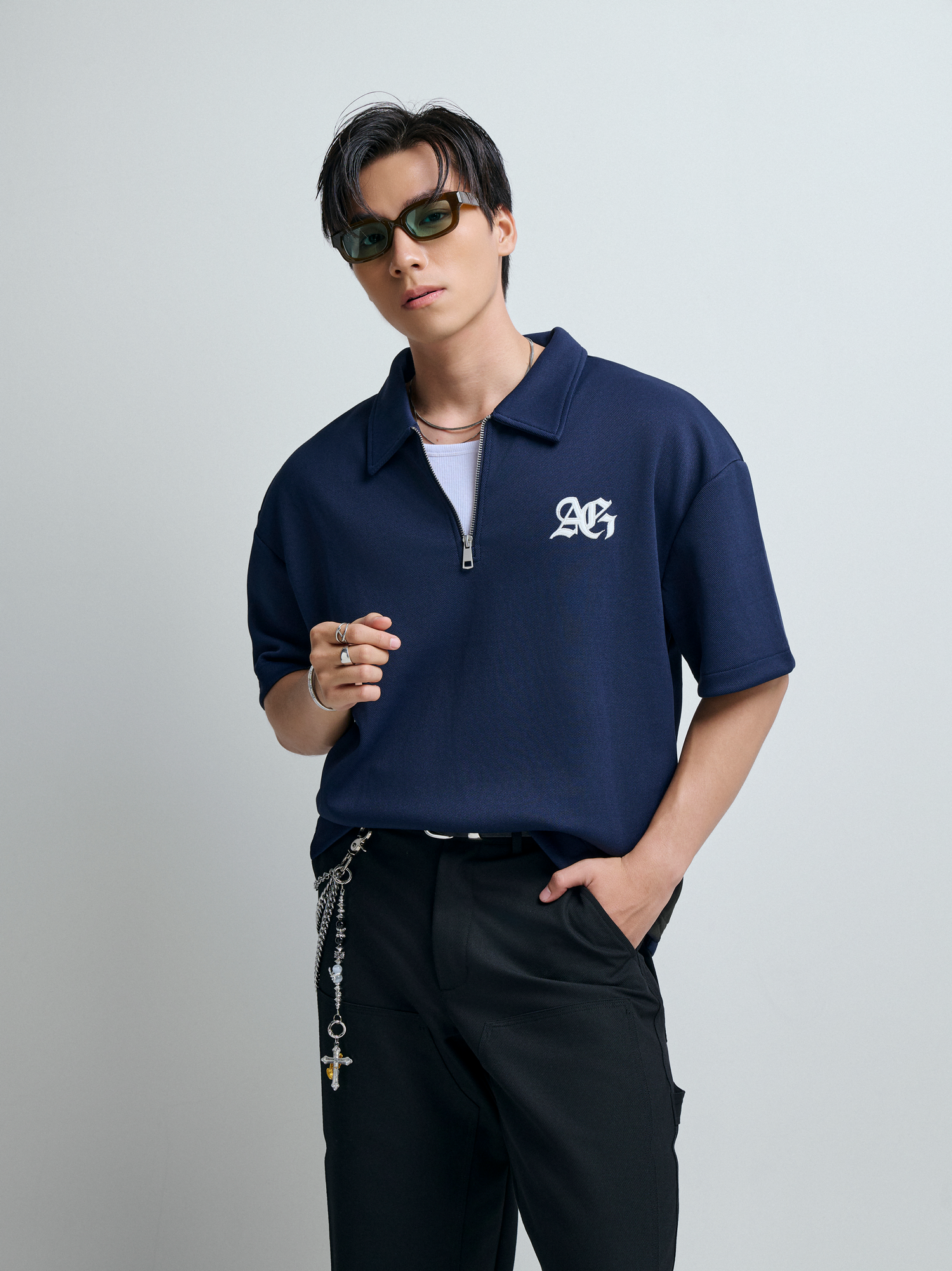 R2 STUDIO LOOSE FIT POLO ZIP A/G LOGO - DARK BLUE