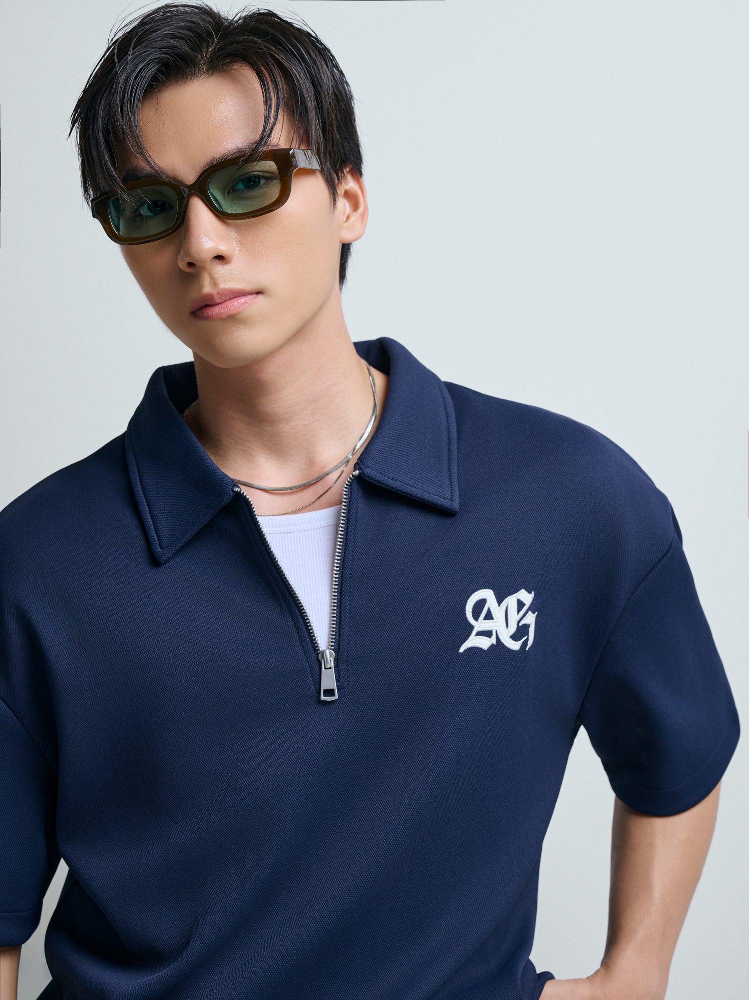 R2 STUDIO LOOSE FIT POLO ZIP A/G LOGO - DARK BLUE