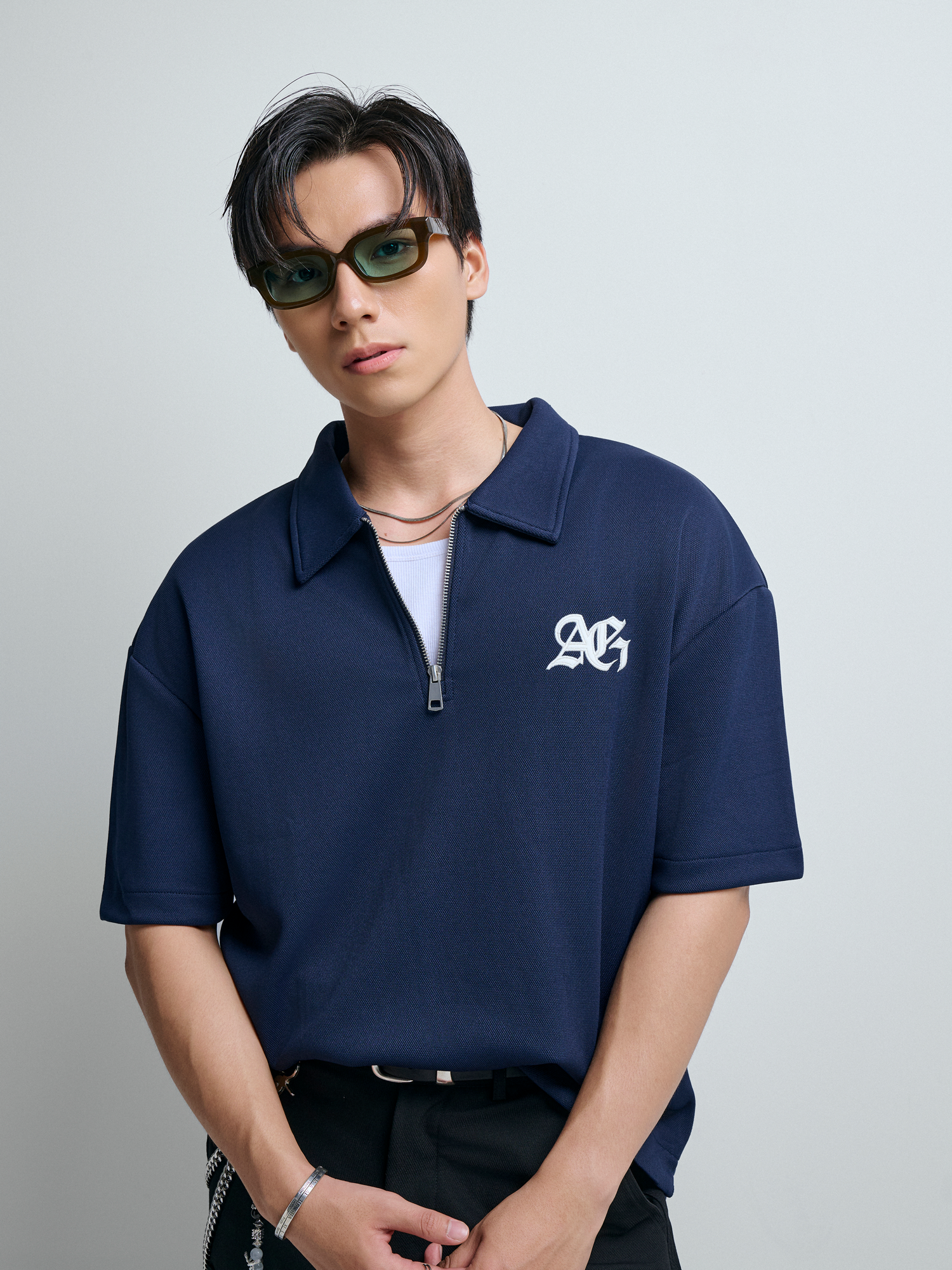 R2 STUDIO LOOSE FIT POLO ZIP A/G LOGO - DARK BLUE