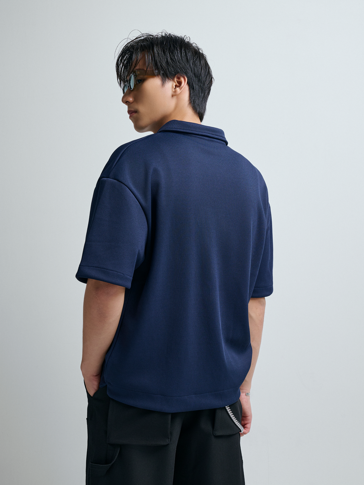 R2 STUDIO LOOSE FIT POLO ZIP A/G LOGO - DARK BLUE