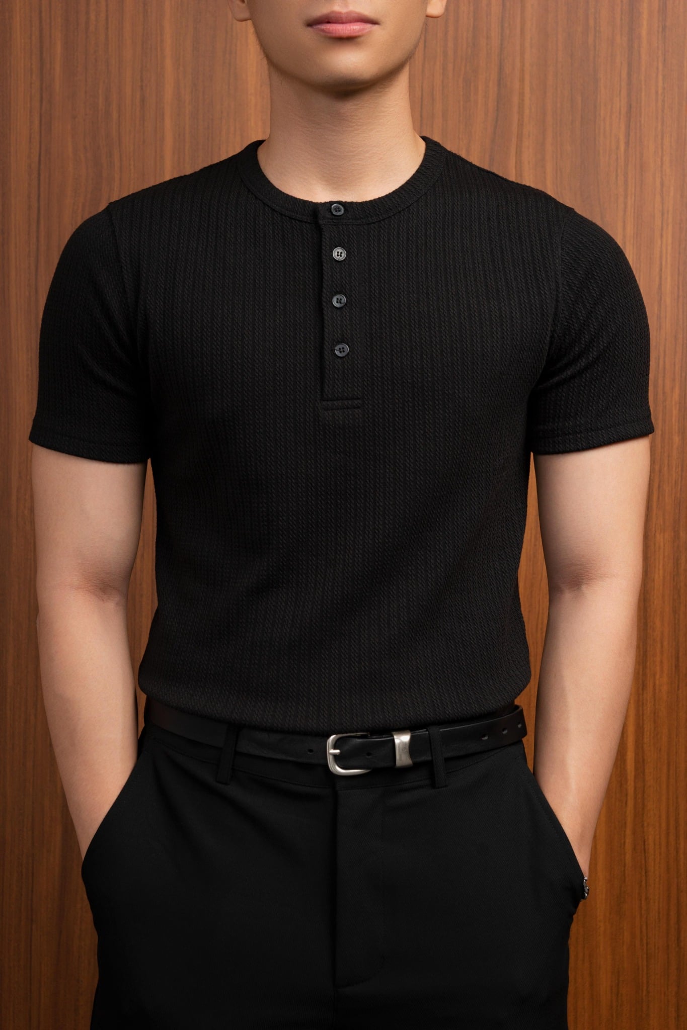 AGQ01 PREMIUM SLIM FIT HENLEY TSHIRT - BLACK