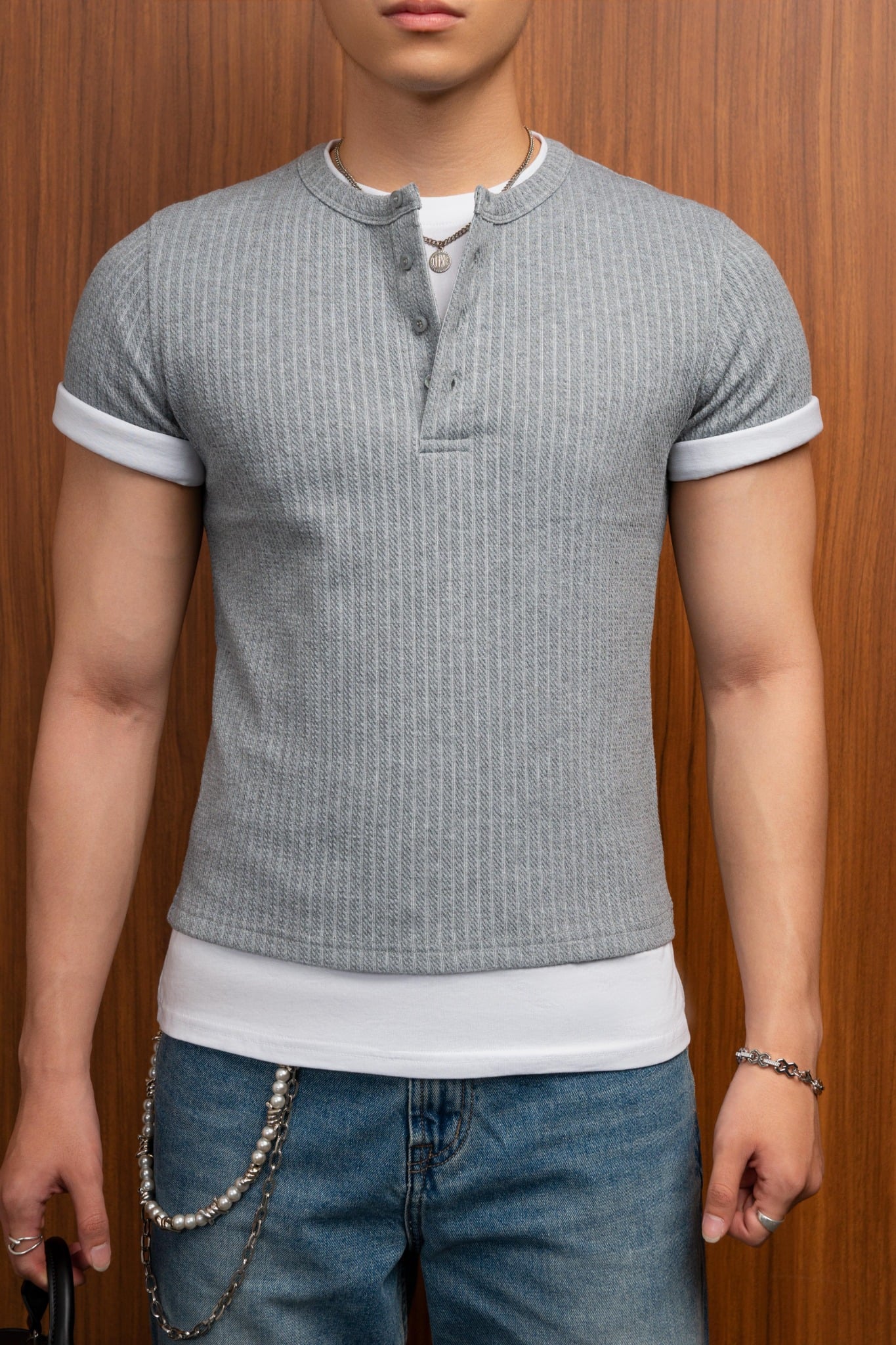 AGQ01 PREMIUM SLIM FIT HENLEY TSHIRT - GREY