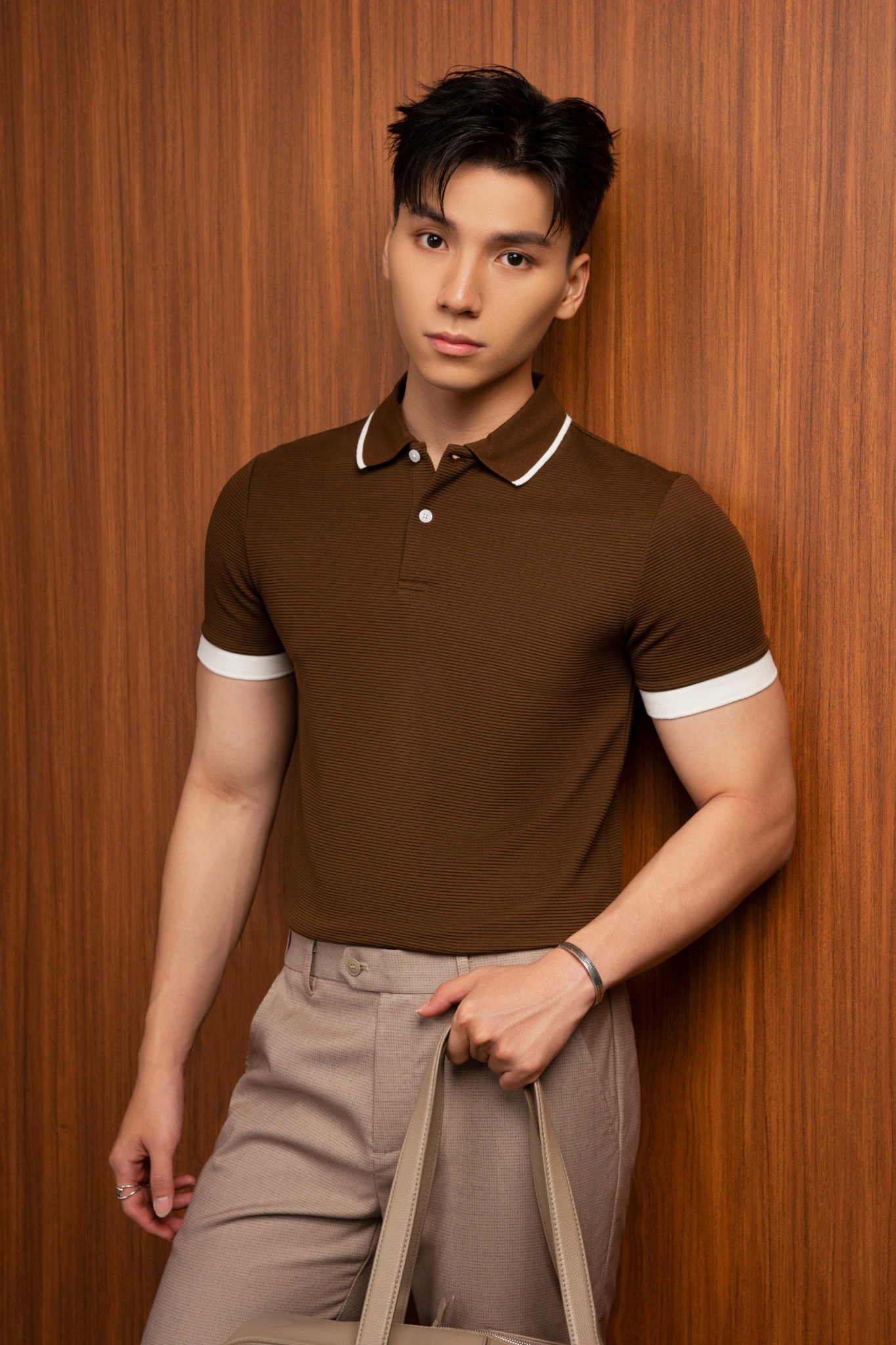 AG9003 FACTORY SLIMFIT POLO MIX NECK DETAIL - BROWN