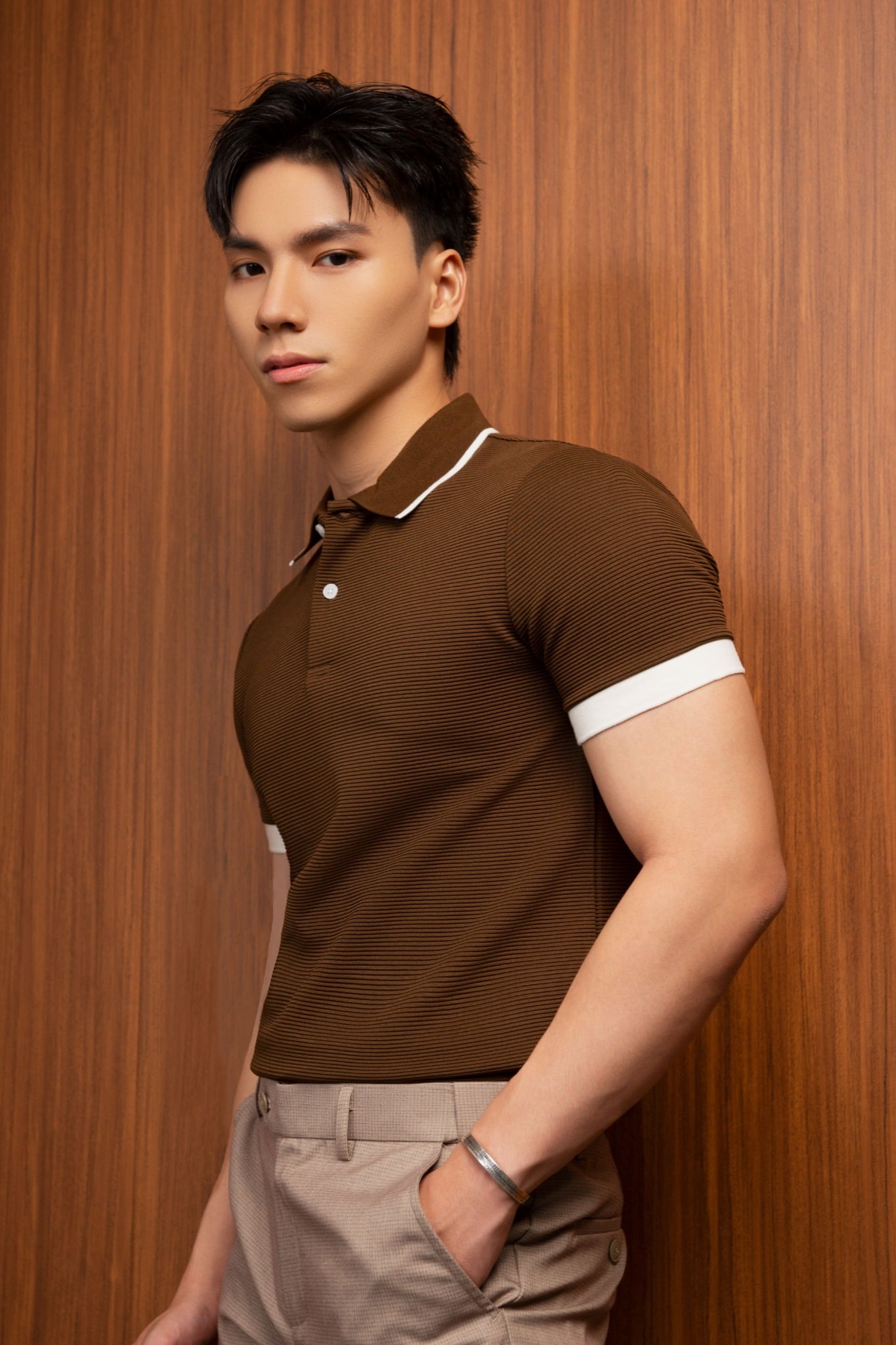 AG9003 FACTORY SLIMFIT POLO MIX NECK DETAIL - BROWN