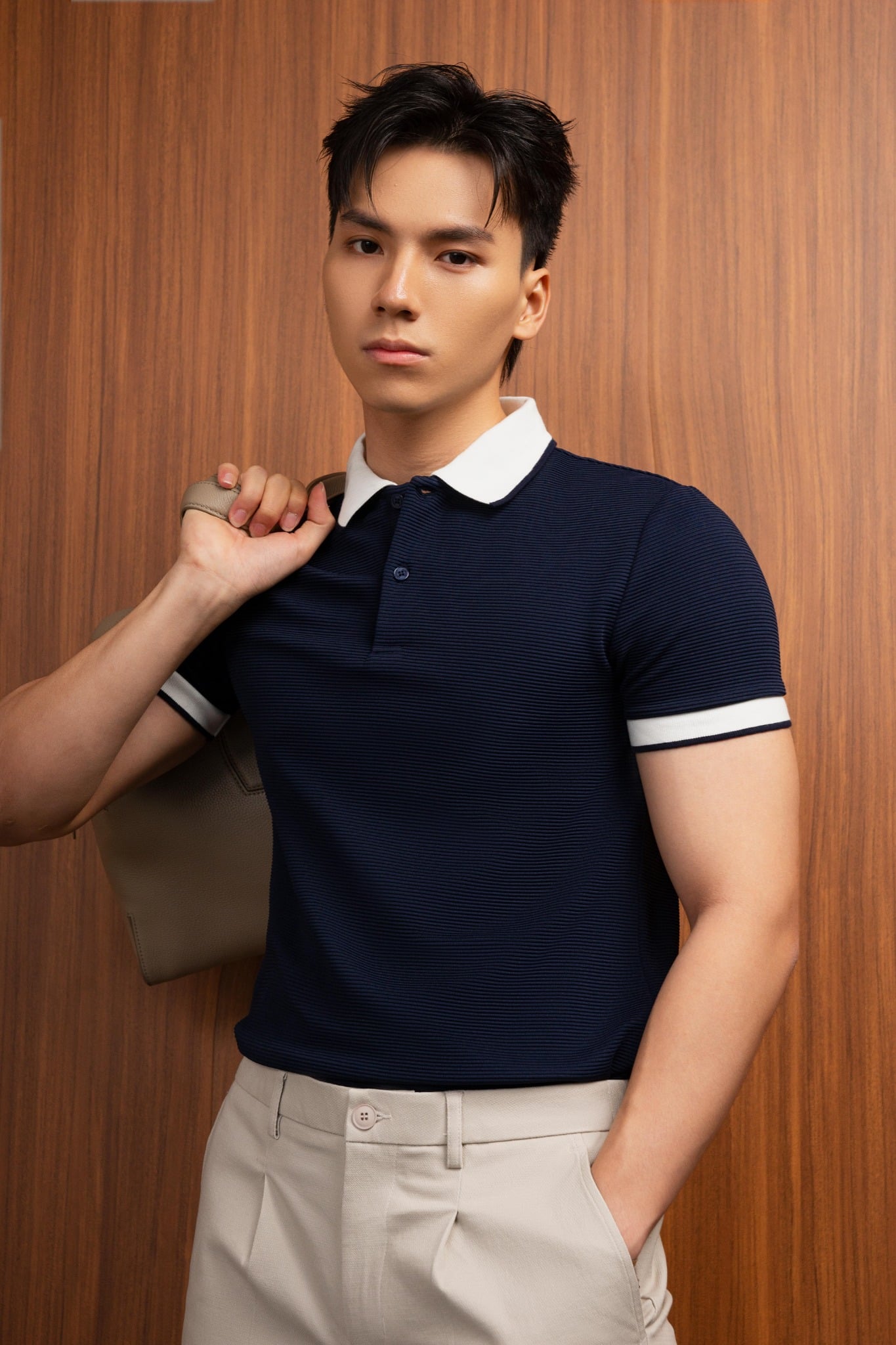 AG9004 FACTORY SLIMFIT POLO MIX NECK DETAIL - DARK BLUE