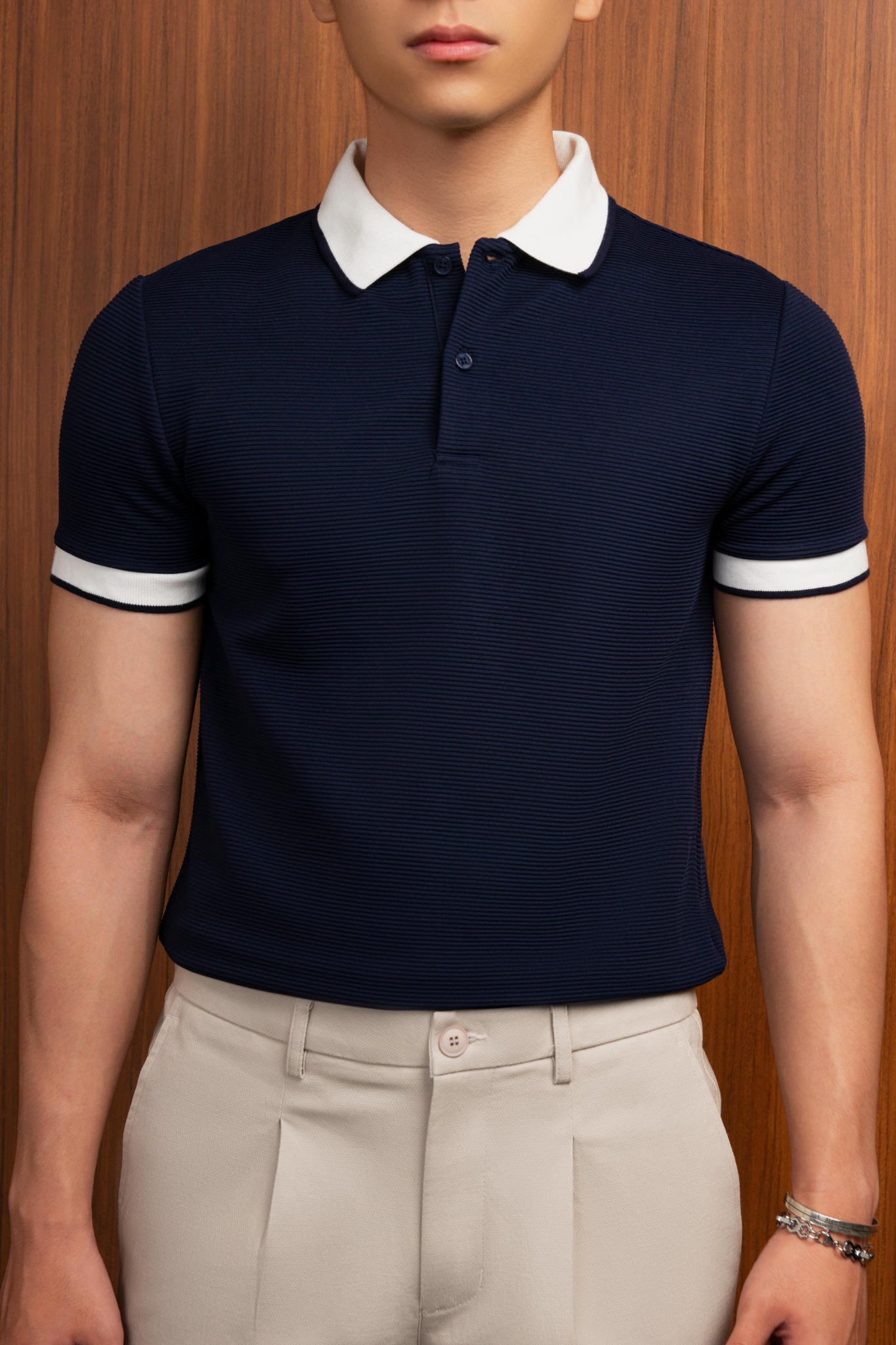 AG9004 FACTORY SLIMFIT POLO MIX NECK DETAIL - DARK BLUE