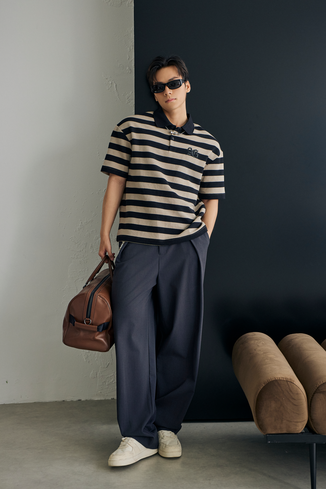 S3 STUDIO LOOSE FIT STRIPE CLASSIC POLO  - BEIGE