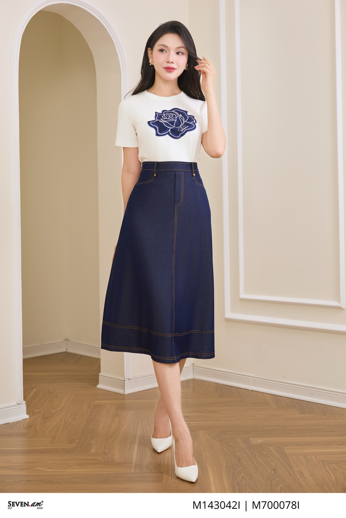 Áo thun cotton trắng thêu hoa thời trang nữ Seven.AM M143042I