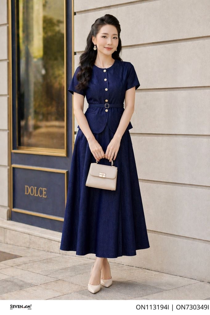 Áo ký giả denim lụa cổ tròn kèm đai thanh lịch thời trang nữ Seven.AM ON113194I