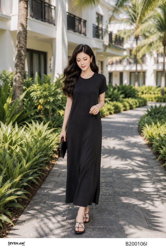 Đầm suông đen cotton thun basic thanh lịch thời trang nữ Seven.AM B200106I