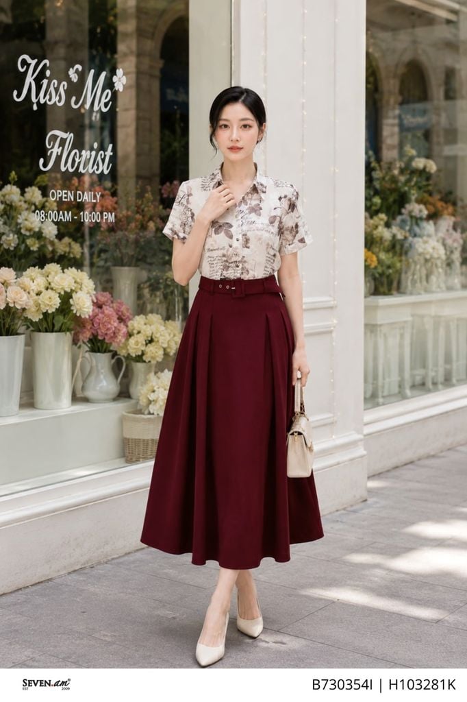 Chân váy xòe đỏ đô xếp ly trước tôn dáng thời trang nữ Seven.AM B730354I