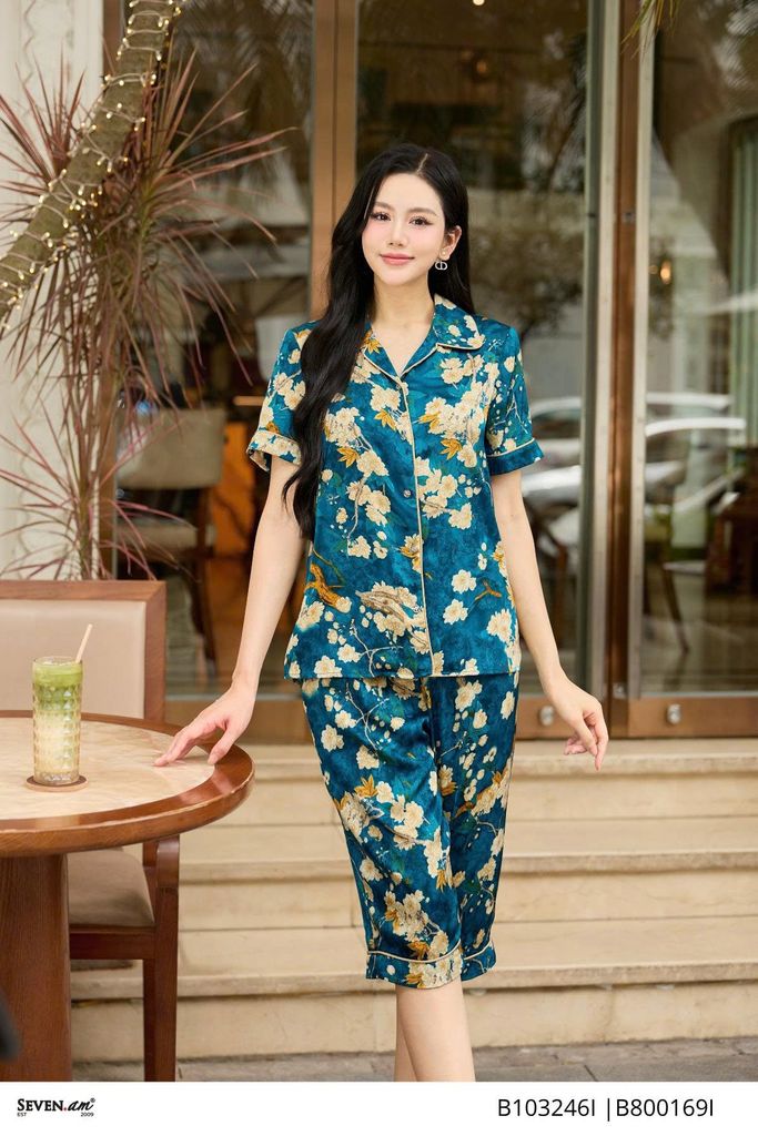 Set đồ bộ lụa xanh thời trang nữ Seven.AM B103246I B800169I
