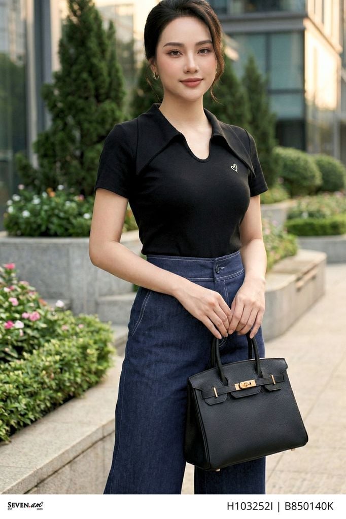 Áo kiểu thun cổ cách điệu trẻ trung charm cài trang trí thời trang nữ Seven.AM H103252I