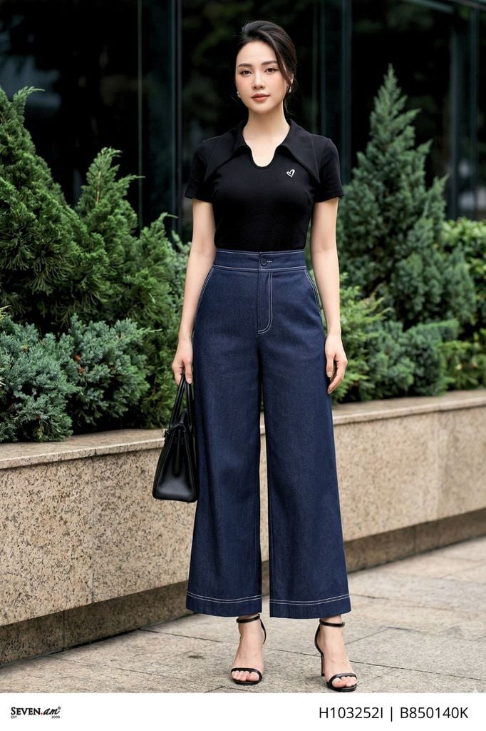 Quần suông xanh denim lụa tôn dáng thời trang nữ Seven.AM B850140K