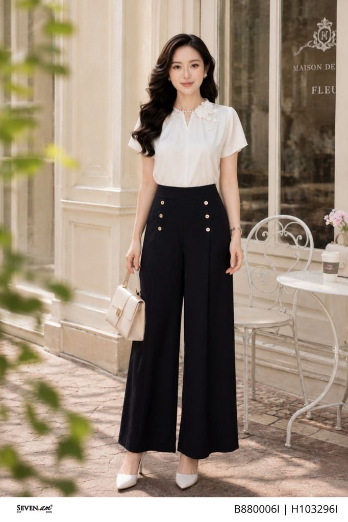 Quần suông đen cạp cao ống rộng cúc kim loại trang trí thời trang nữ Seven.AM B880006I