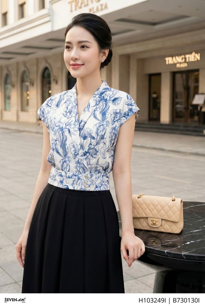 Áo kiểu tơ hoa vân cổ ve trắng xanh ghi thời trang nữ Seven.AM H103249I