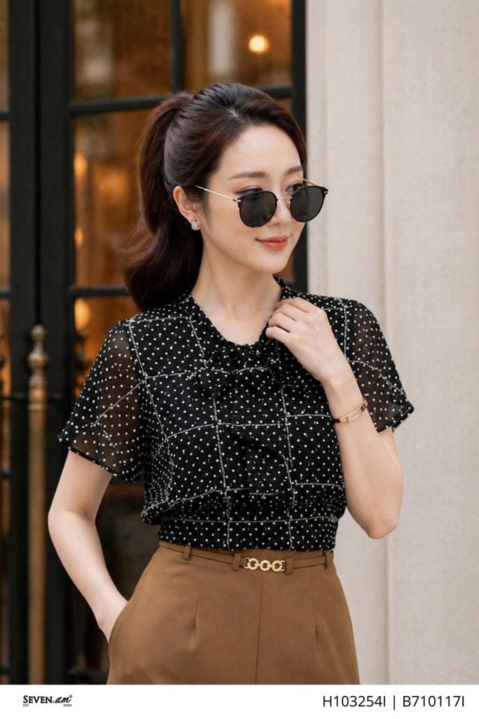 Áo sơ mi bo gấu đen trắng cổ buộc nơ thời trang nữ Seven.AM H103254I