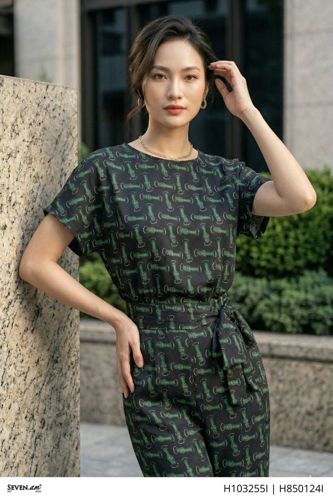 Áo bo gấu lụa latin họa tiết đai kim loại buộc dây nơ cách điệu thời trang nữ Seven.AM H103255I