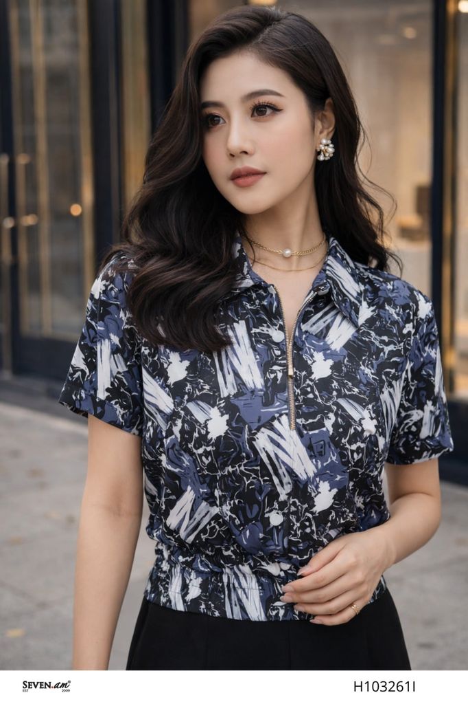 Áo bo gấu lụa latin họa tiết chữ trừu tượng cổ sơ mi khóa trước thanh lịch thời trang nữ Seven.AM H103261I