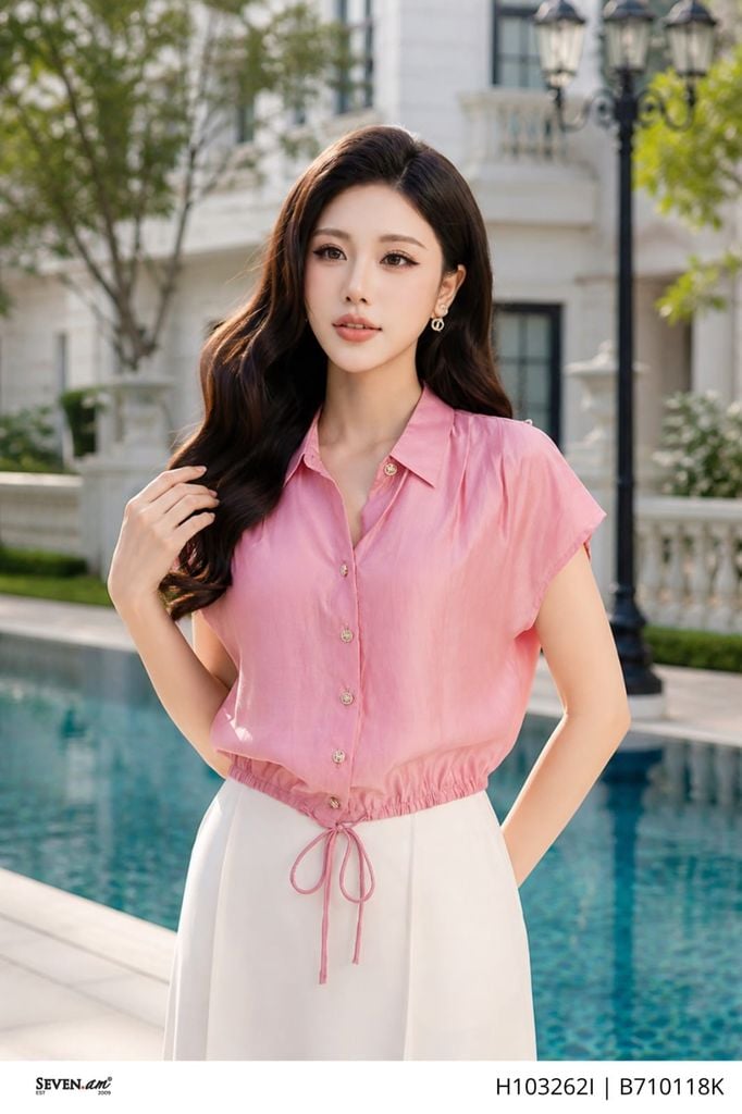 Áo bo gấu hồng pastel phối dây rút thanh lịch thời trang nữ Seven.AM H103262I